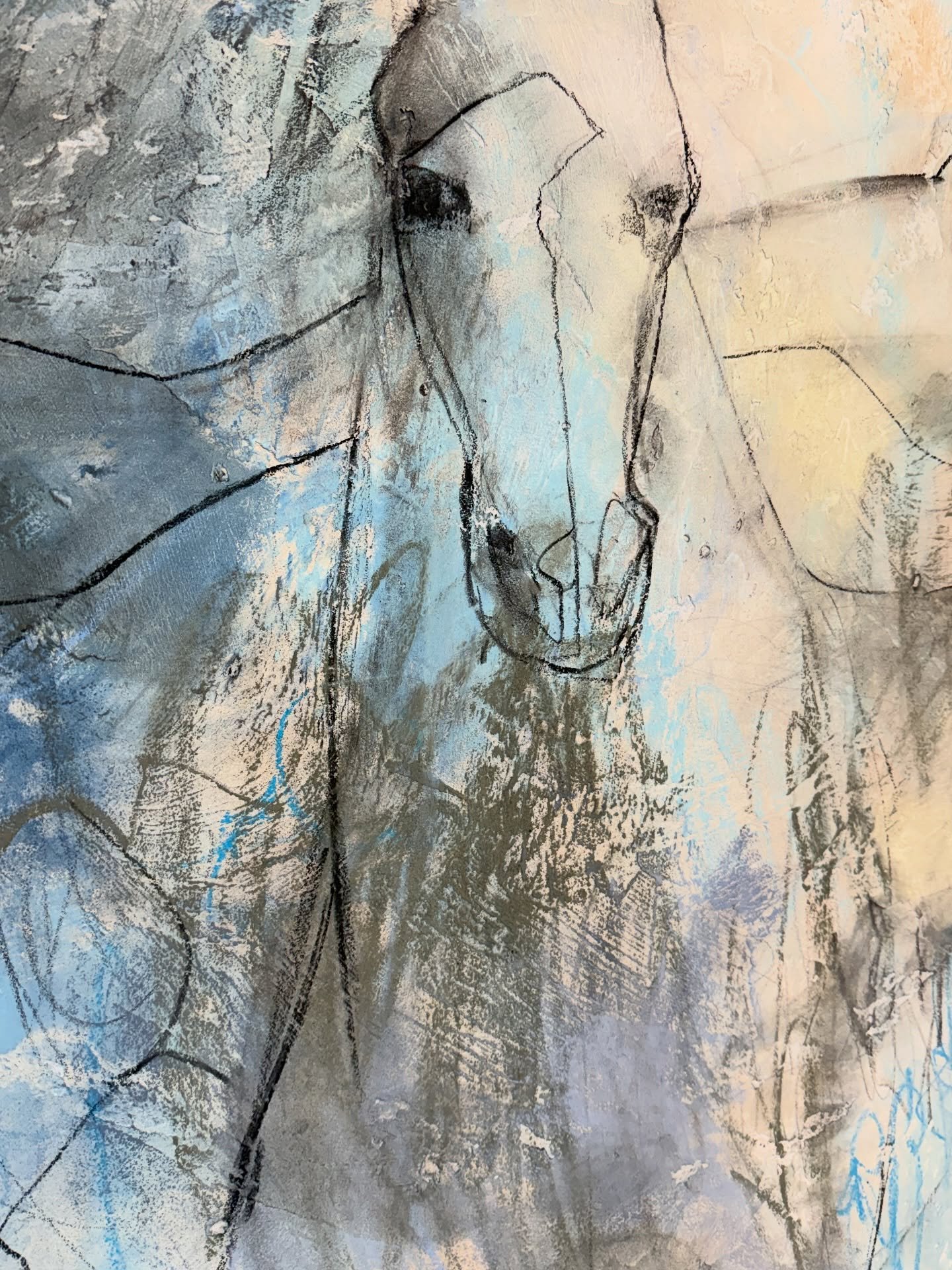 Early starts in the studio, when everything is quiet and unformed.

I&rsquo;ve been working into a large canvas with soft pastels and charcoal &mdash; letting go of control, allowing rough, instinctive marks to lead the way. A new way of working that