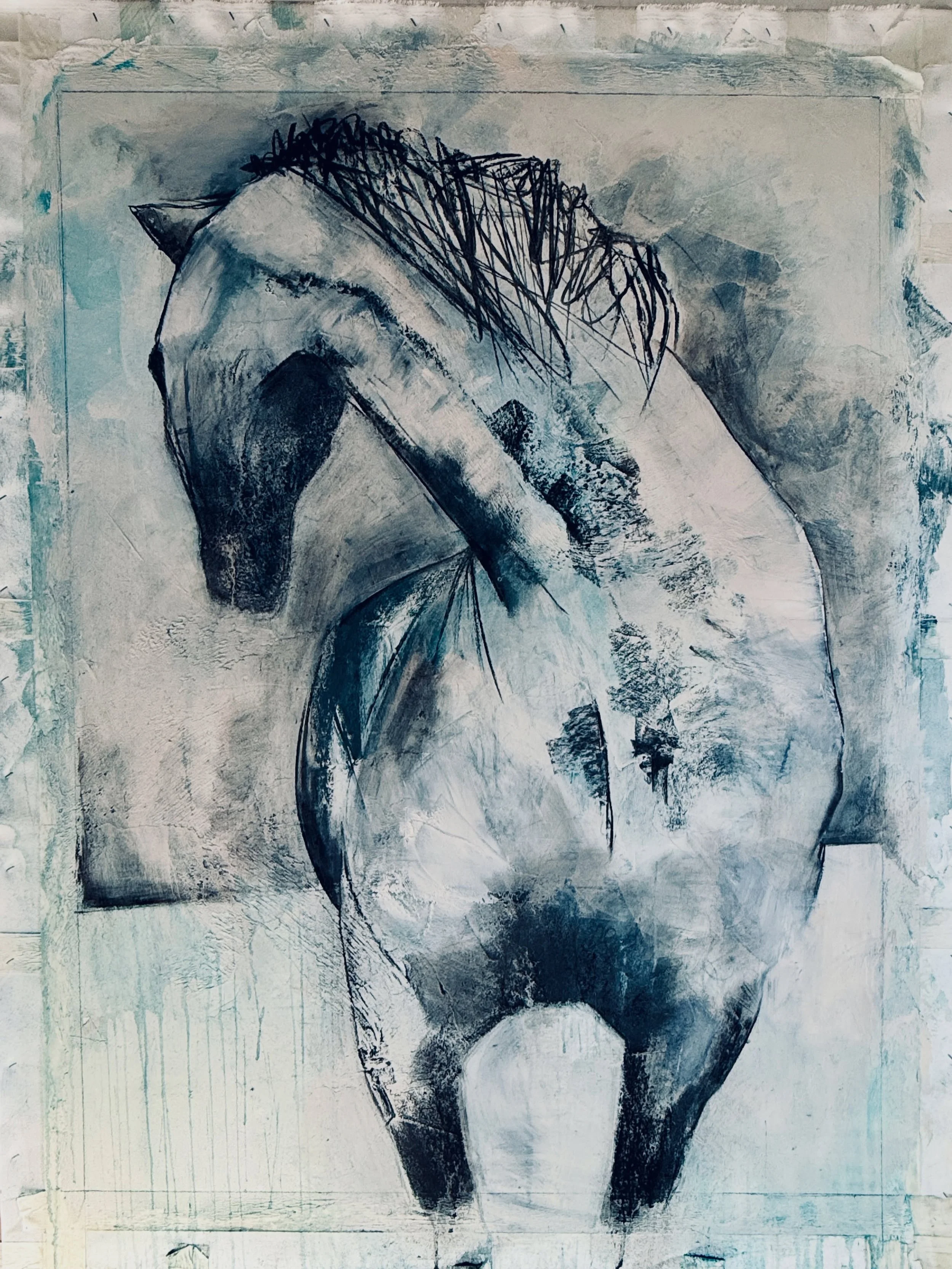 Had to stand on a stool today for this one &mdash; they seem to be getting larger and larger.

Started the day by painting over the existing drawing with white paint, then rebuilding it again with charcoal and soft pastel. I love this process of dest