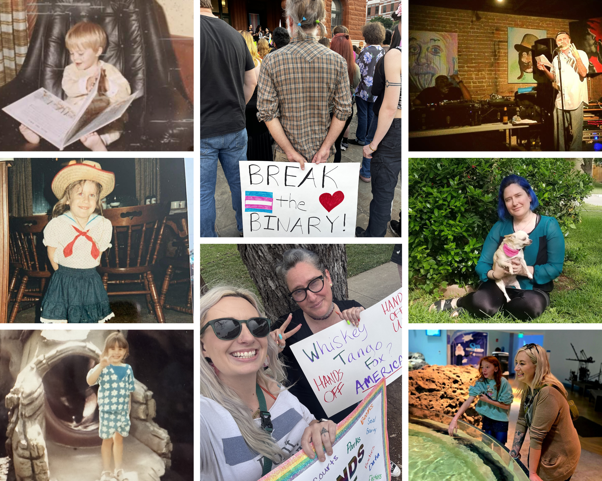A collage of photos including a young child reading a book in a leather chair, a crowd at an outdoor event with a person holding a sign that says "Break the Binary!", a woman with blue hair holding a small dog, a woman with sunglasses smiling and holding a colorful sign, and several other images of children and people at various events or activities.