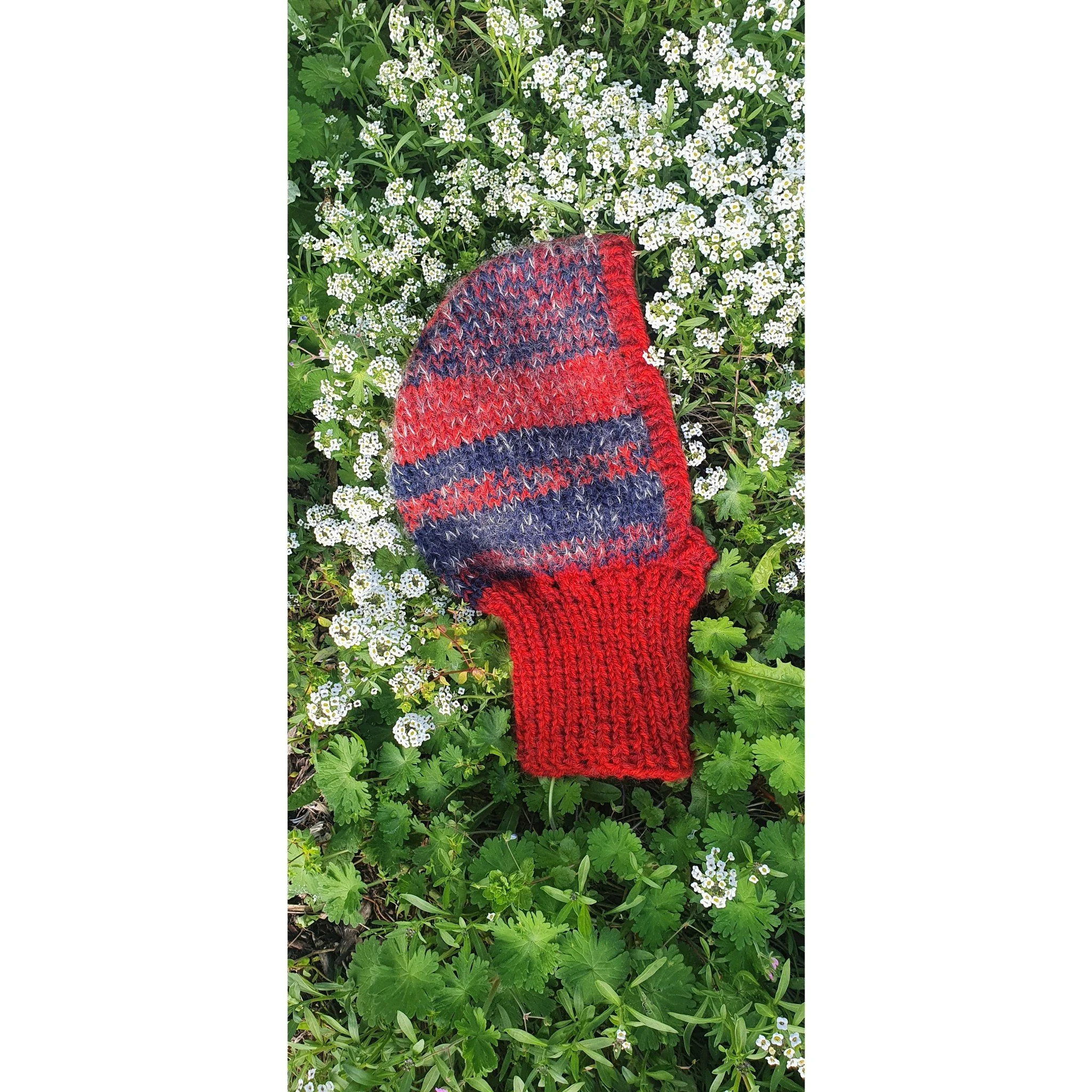 A knitted red and blue balaclava laid on green ground with small white flowers.