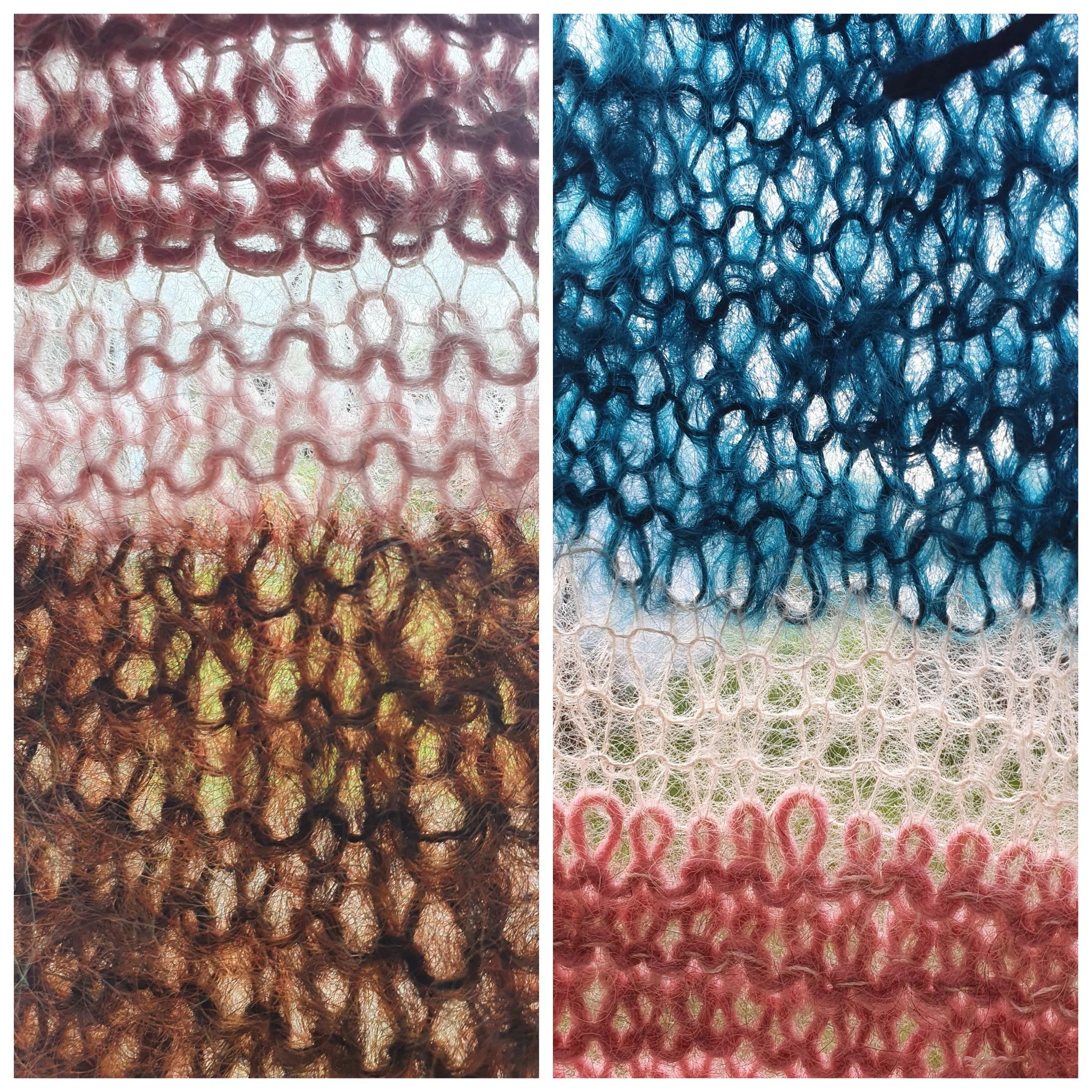 Close-up of multi-colored mesh fabric in pink, blue, brown, and white, showing detailed knitted pattern.