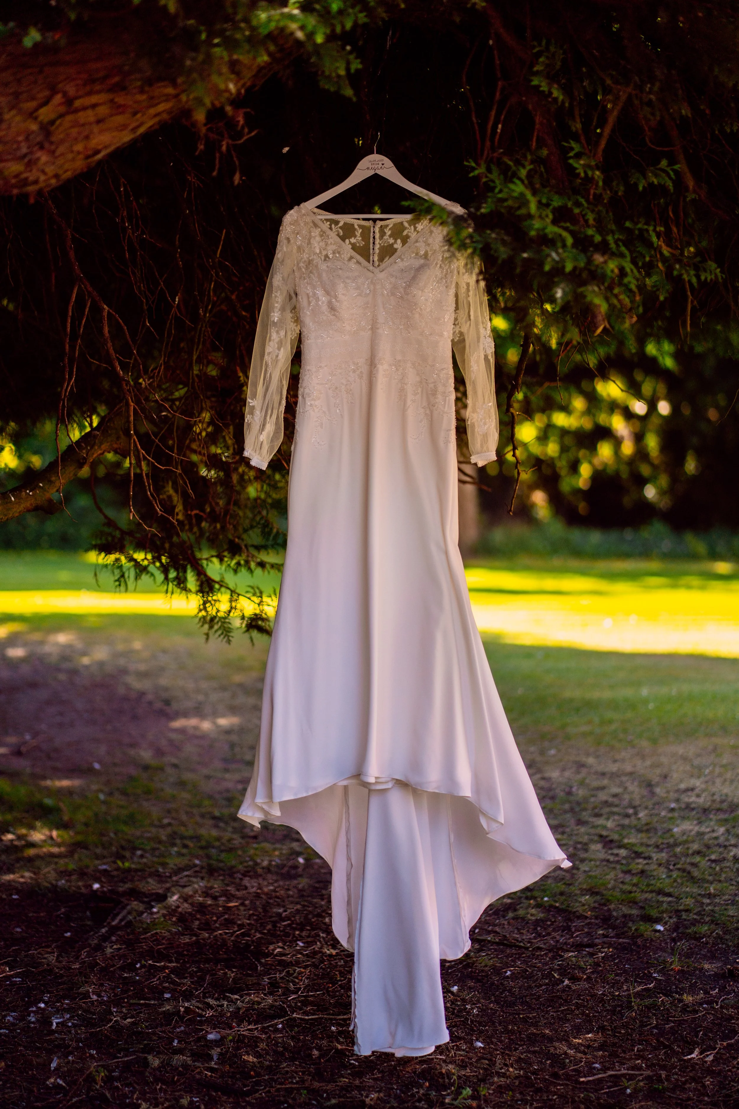 A wedding dress hanging from a tree branch outdoors.