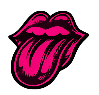 Pink outline of a mouth with tongue sticking out, on a black background.