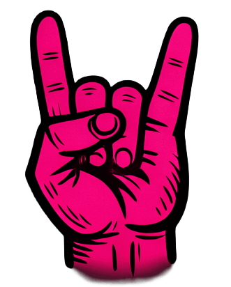 Pink illustration of a hand making the rock and roll sign with the index and pinky fingers raised, and the thumb holding down the middle and ring fingers.