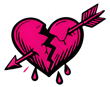 Pink broken heart with an arrow pierced through it and blood drops.