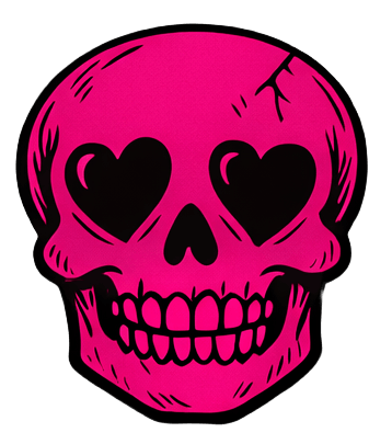 Pink skull illustration with heart-shaped eye sockets and a wide, smiling jaw.