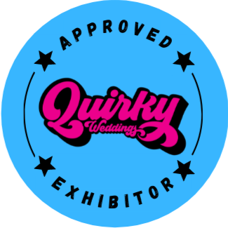 Blue badge with black stars and text that reads "Approved Quirky Weddings" and "Exhibitor".