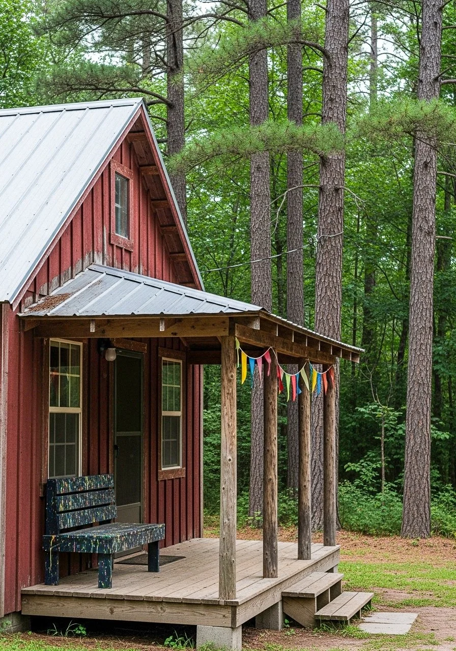 Kleines rotes Holzhaus mit gewölbtem Metalldach und einem kleinen Vorbau mit bunten Fähnchen, umgeben von hohen Bäumen.