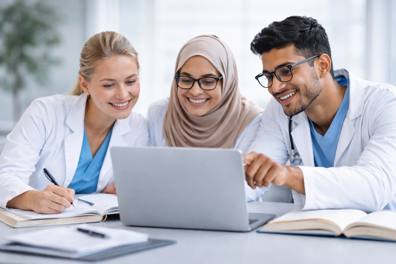 Three medical professionals, two women and one man, wearing white lab coats and glasses, sitting at a table and looking at a laptop, smiling and collaborating.