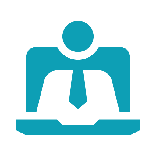 Icon of a person in business attire sitting at a desk, representing a professional or office worker.