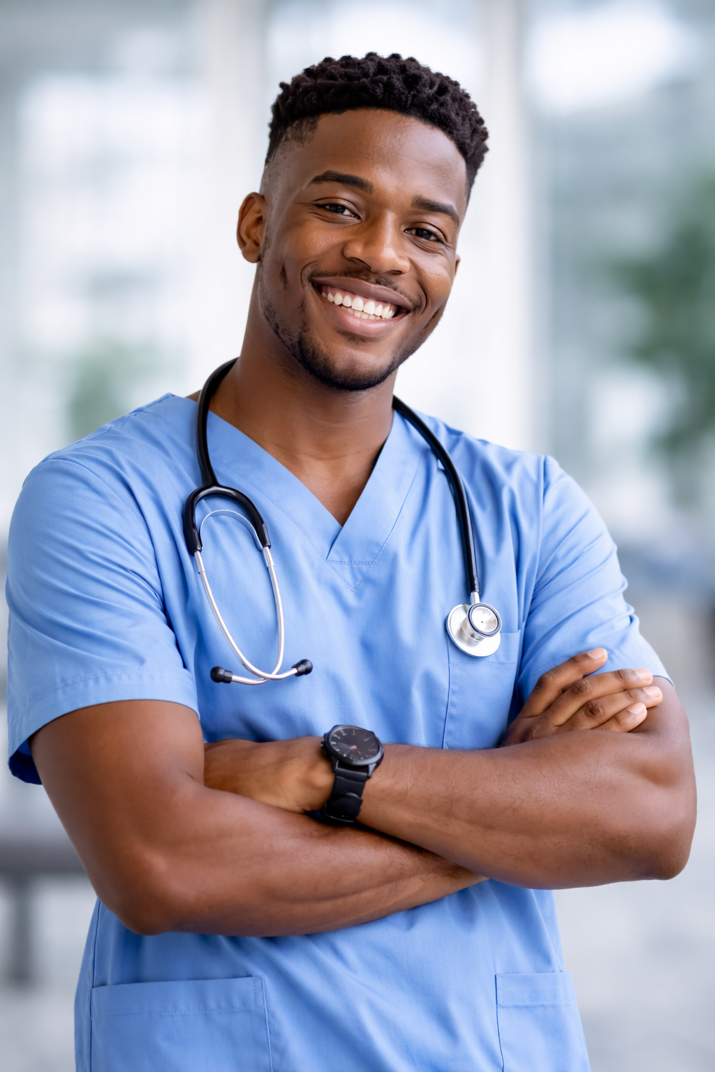 A smiling male healthcare professional in blue scrubs with a stethoscope around his neck, arms crossed, standing in a bright medical facility.