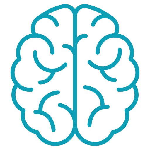 Stylized illustration of a human brain in blue outline.