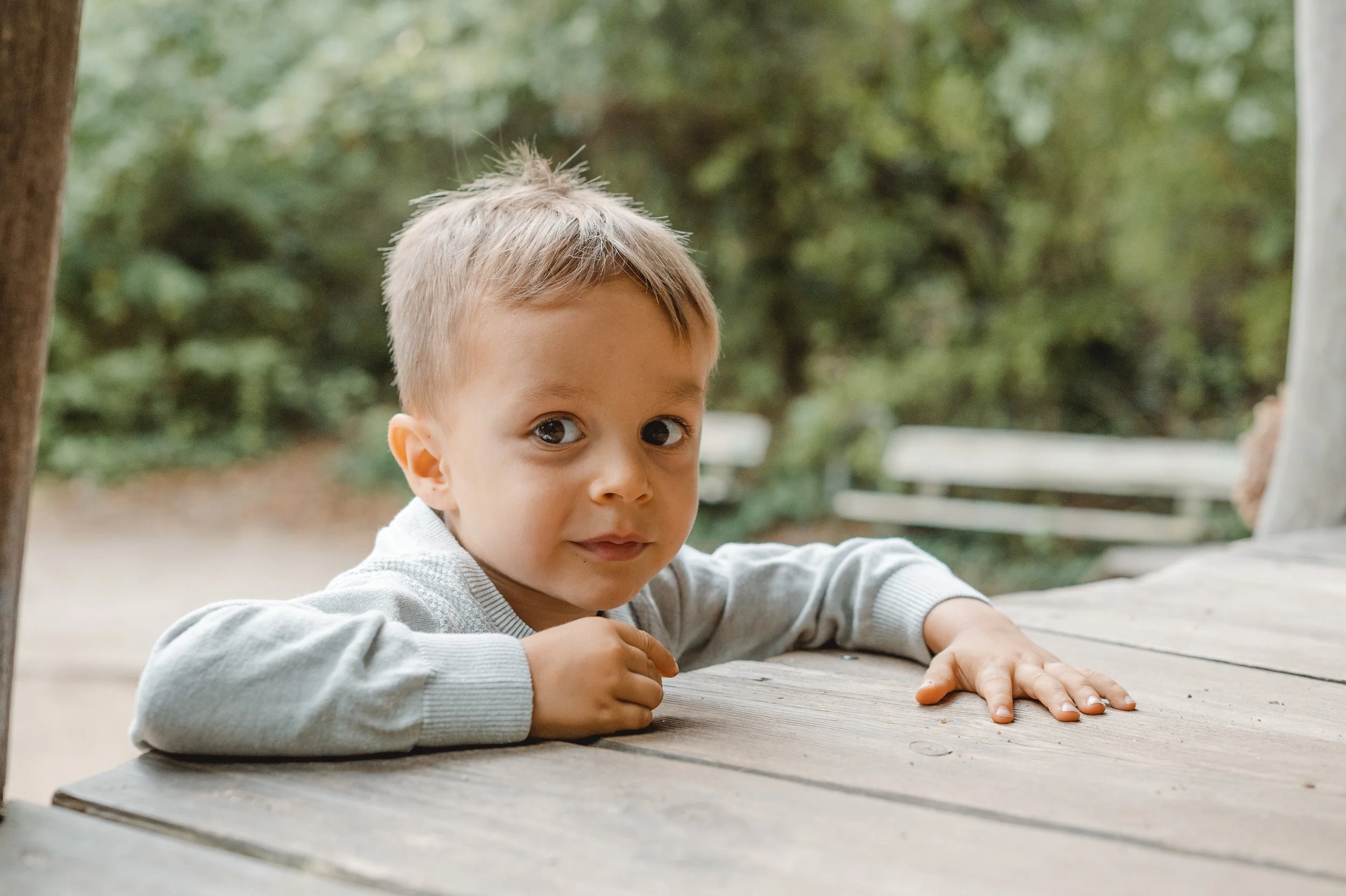 Ein Junge stützt sich auf den Holzboden eines Klettergerüsts im Freien, schaut in die Kamera, umgeben von grünen Bäumen.