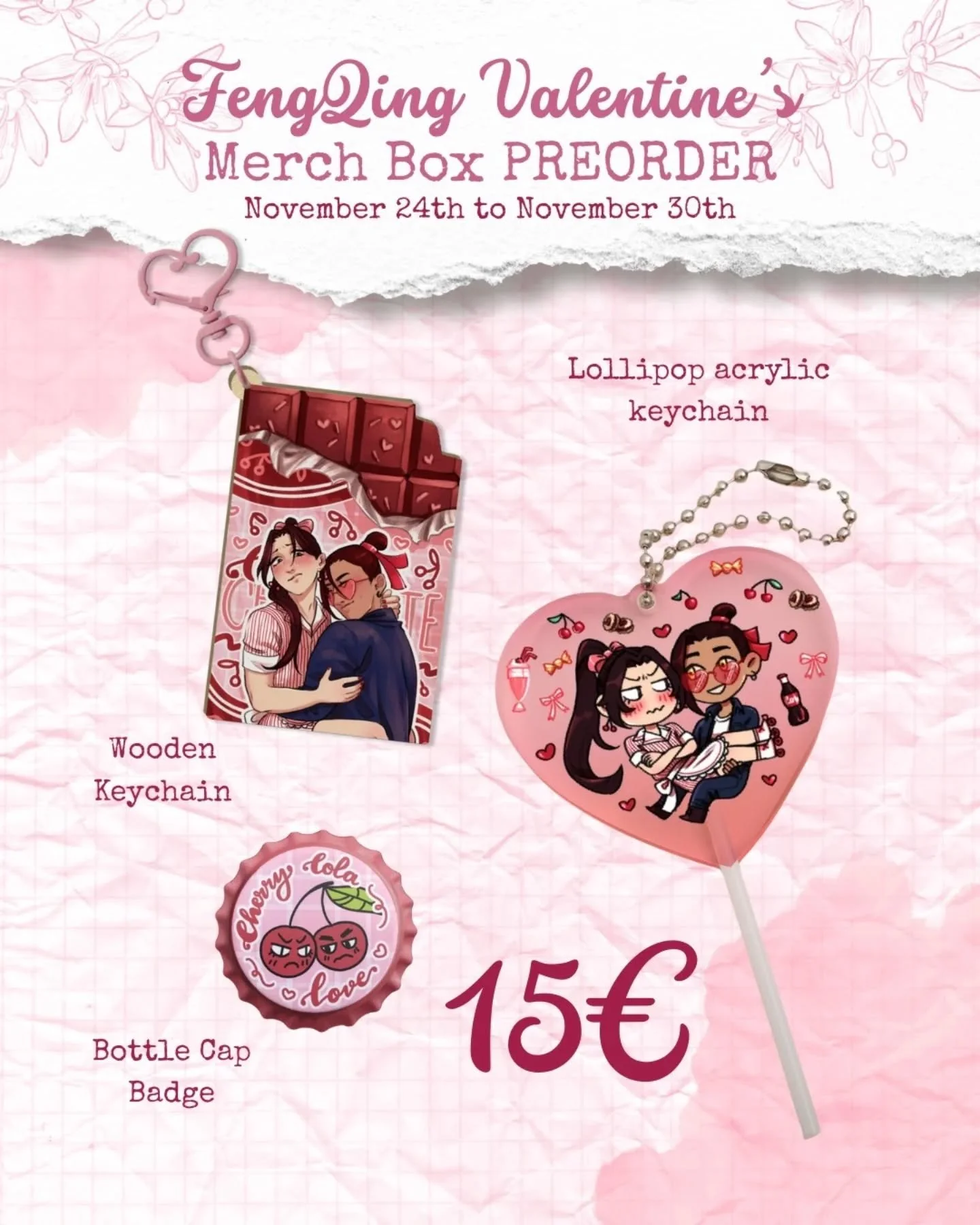 🩷 POs for my FengQing Valentine's Merch Box are now open!!

LINK IN BIO

The box will be a small bundle with:

 ➡️ Chocolate Wooden Keychain
 ➡️ Heart Lollipop Acrylic Keychain
 ➡️ Bottle Cap Badge

If we get to certain goals I'll add extra freebies