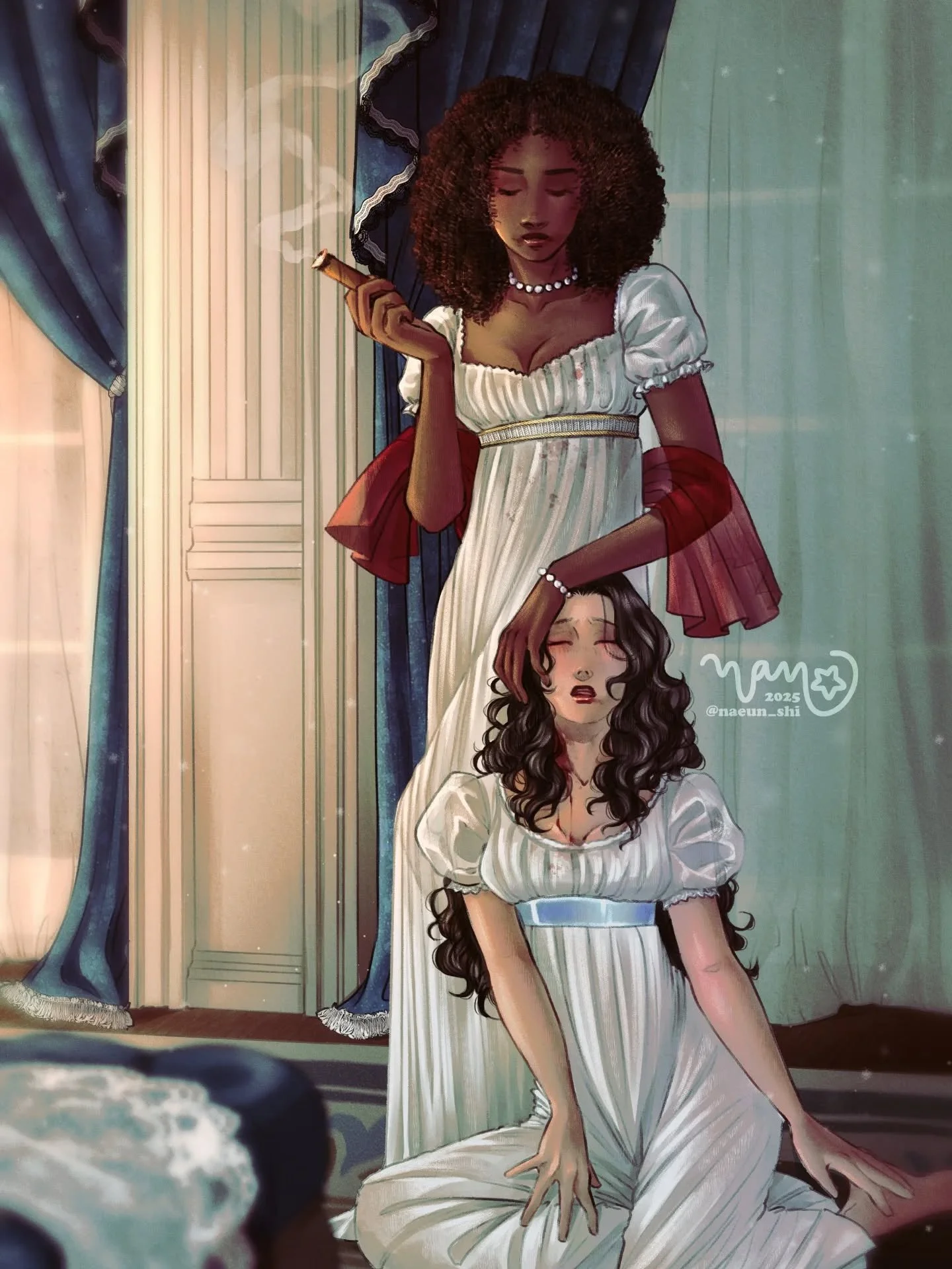 Vampires, lesbians, and the 19th century 🩷🩷 I just had the urge to draw a pair of vampire lesbians with clothes from the 1800s.

I've been looking up a lot of info about 19th century clothing and now I really want to draw a lot of things with the c