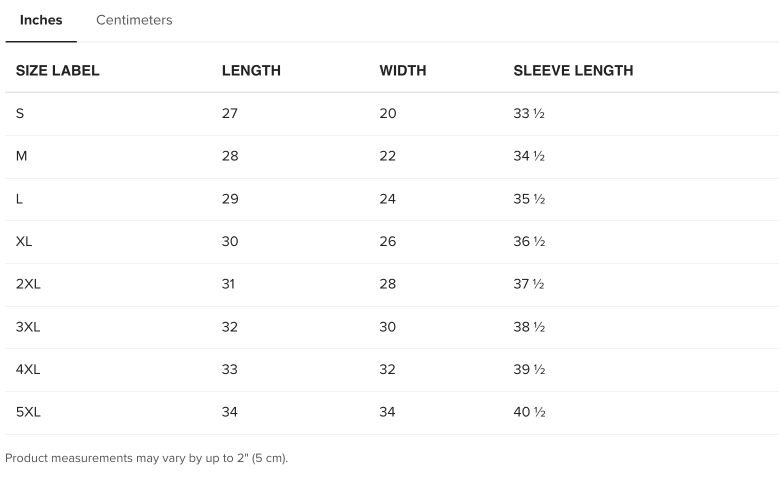 Inches Size Chart for Vampire Girl "Lady Berry" Unisex Hoodie