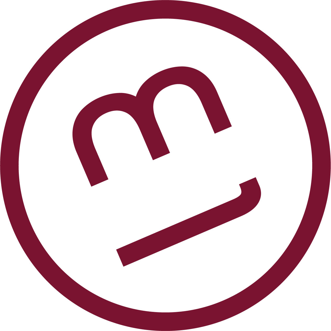 A logo with a burgundy circle enclosing a stylized lowercase 'm' and an underline, designed with a modern and minimalistic style.