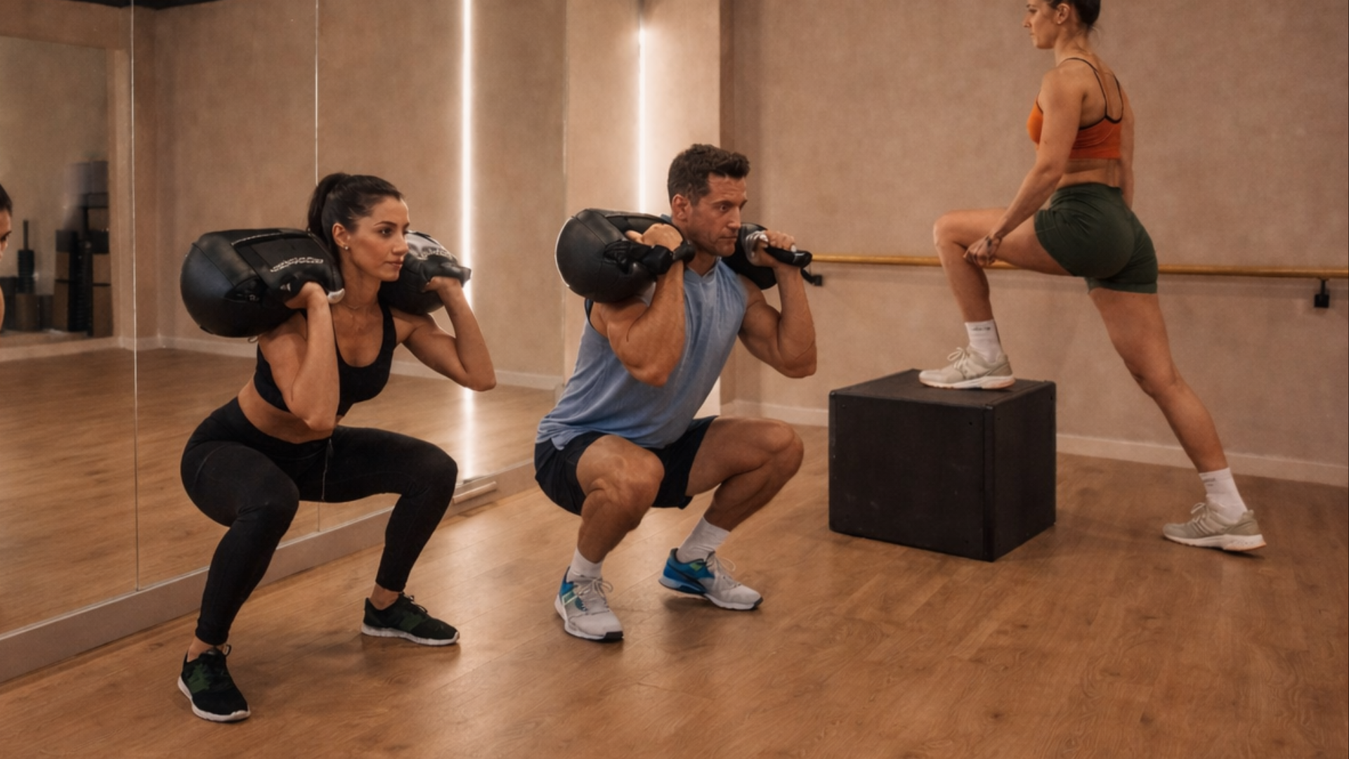 Tres personas haciendo sentadillas con peso en un gimnasio, dos con pesas en los hombros y una en un cajón, frente a un espejo