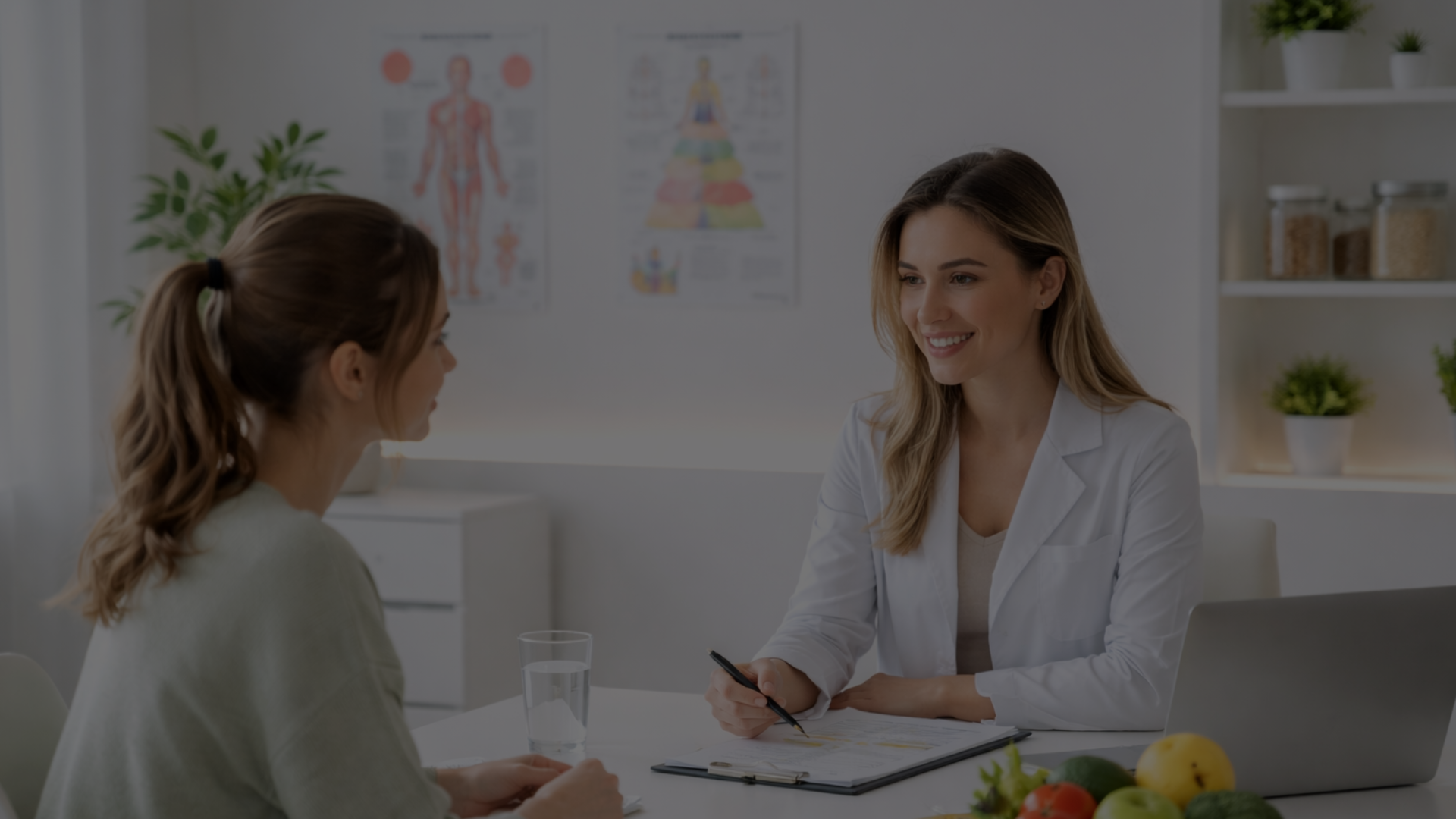 Mujer doctora atendiendo a una paciente en una consulta médica, en un consultorio con plantas y posters de anatomía en la pared.