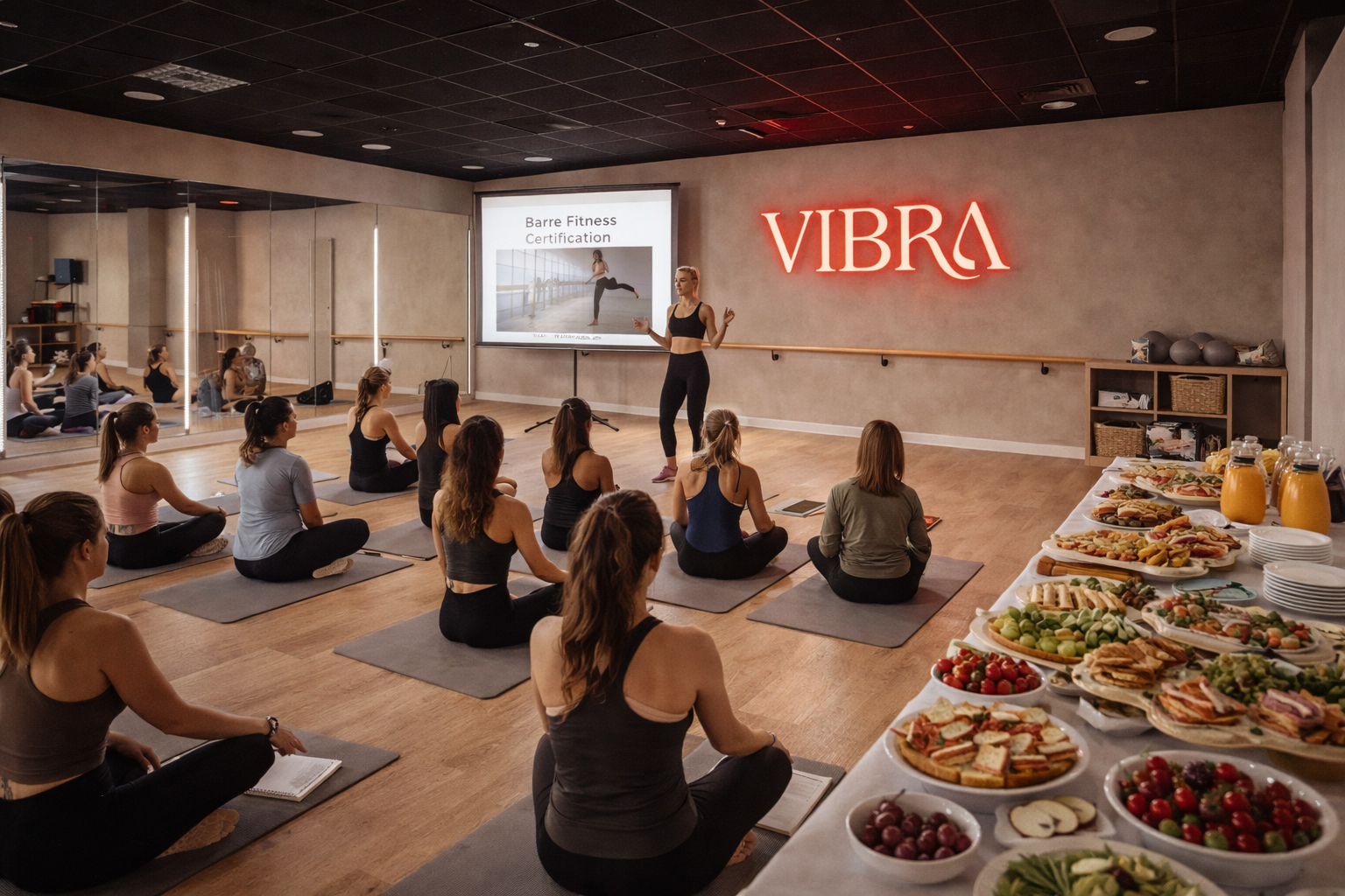 Clase de fitness de mujeres en un estudio, con una instructora al frente, en un ambiente con una pared de espejos y una pantalla de proyector, y una mesa con alimentos y jugos en un lado.