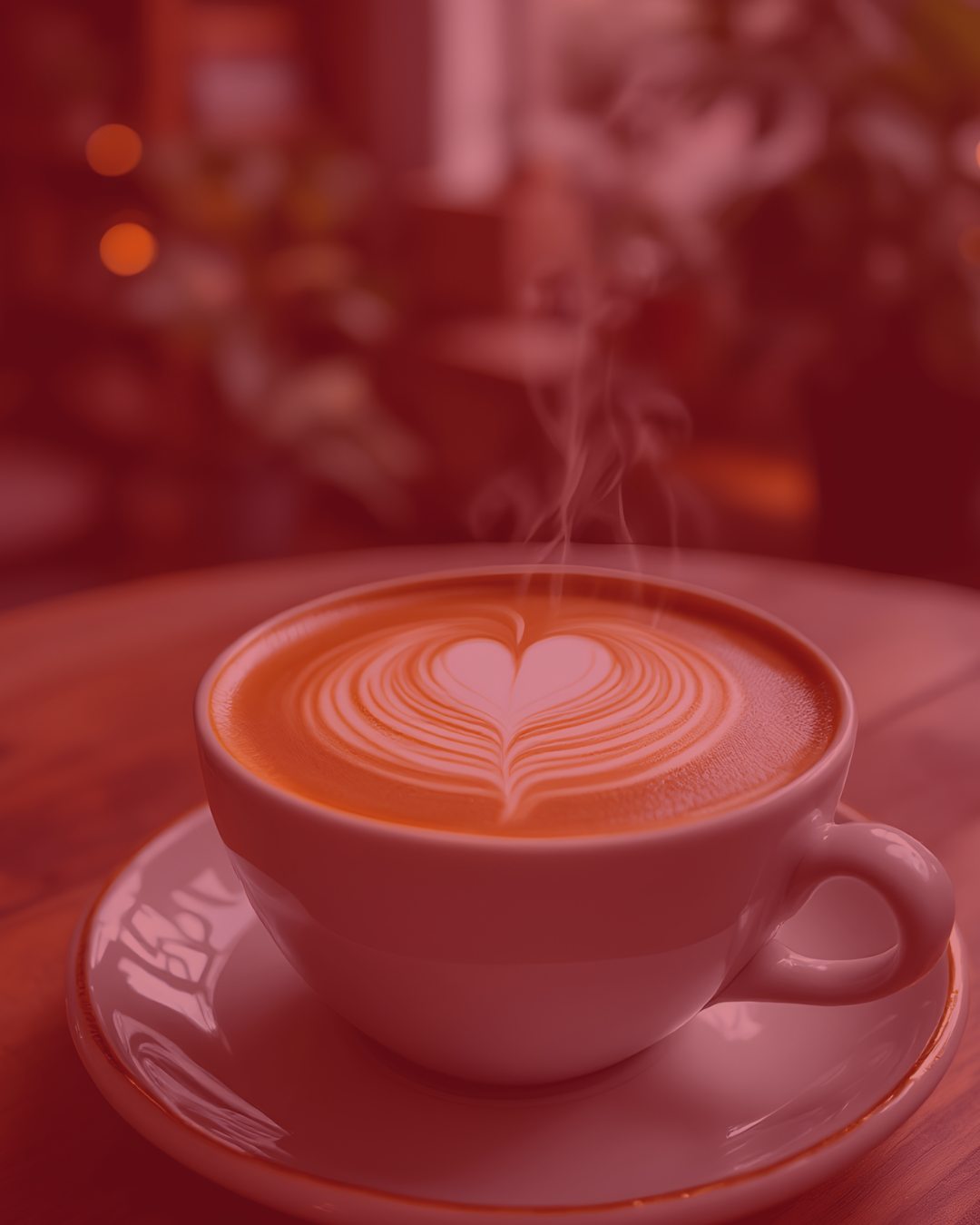 Una taza de café con arte latte en forma de corazón y un diseño de corazón en la espuma, con vapor ascendiendo, en un ambiente cálido y difuso.