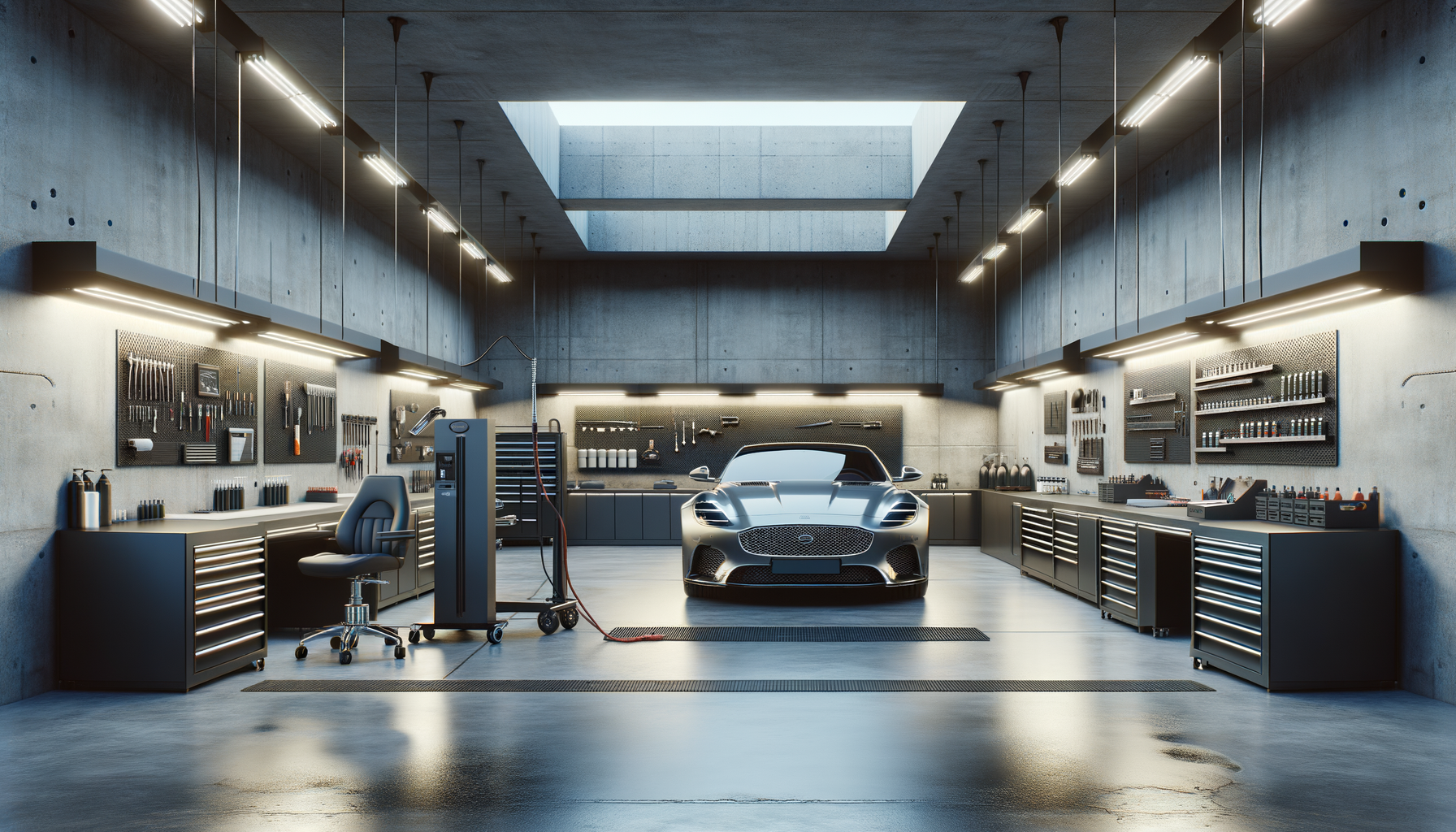 A modern automotive garage with a sleek car in the center, surrounded by workbenches, tools, and equipment on concrete walls with overhead lighting and a skylight.