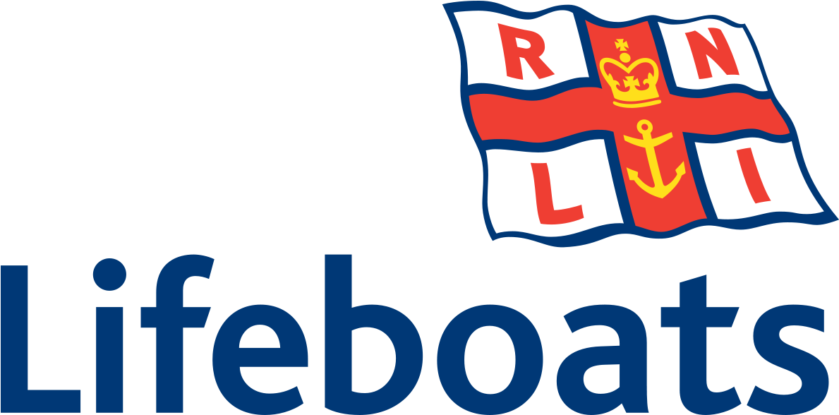 The logo for RNLI (Royal National Lifeboat Institution) with a red and white flag featuring a crown, an anchor, and the letters R, N, L, I, and the word 'Lifeboats' below.
