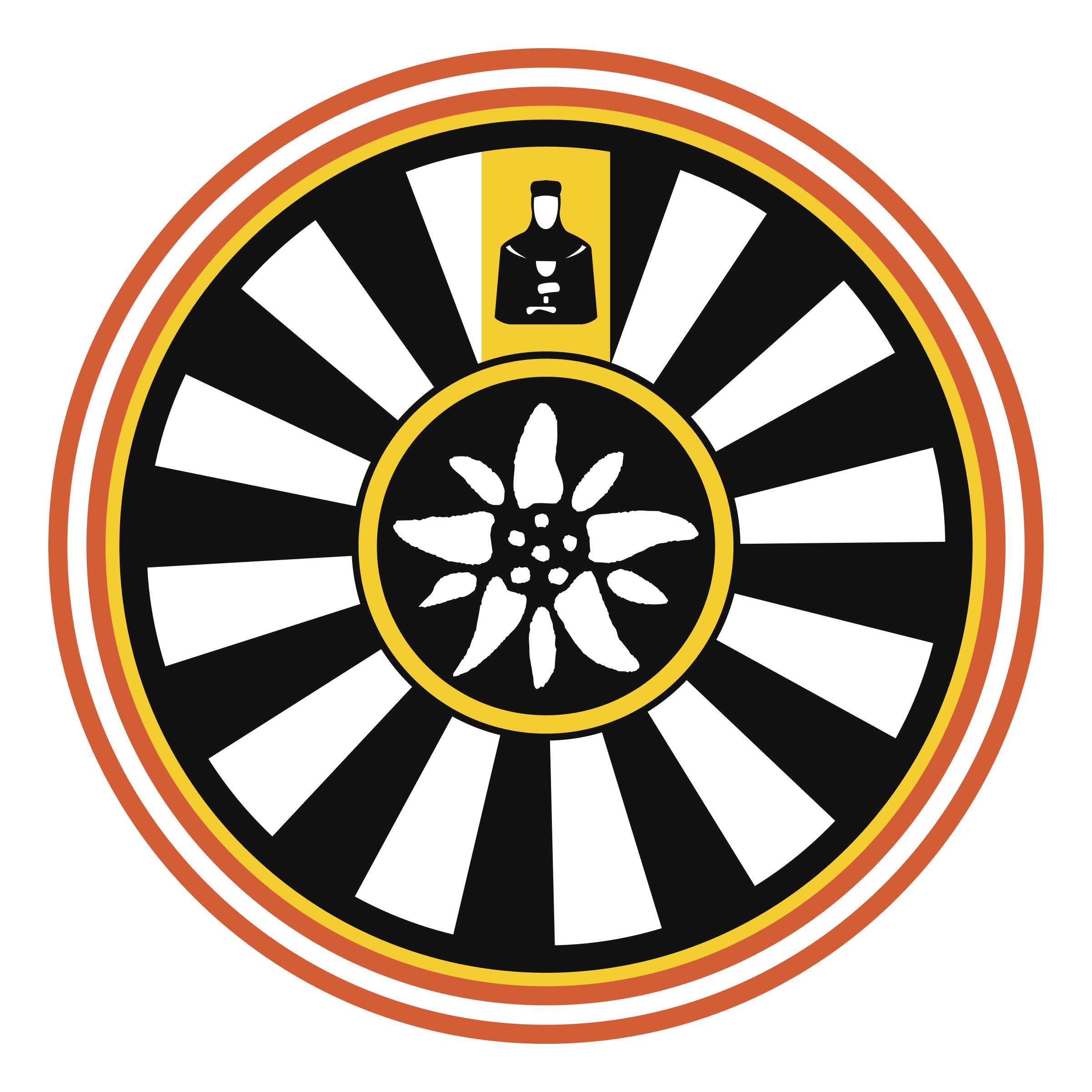 A circular design with a black background, white and yellow details, featuring a stylized wine bottle and glass at the top center, and a central floral pattern.