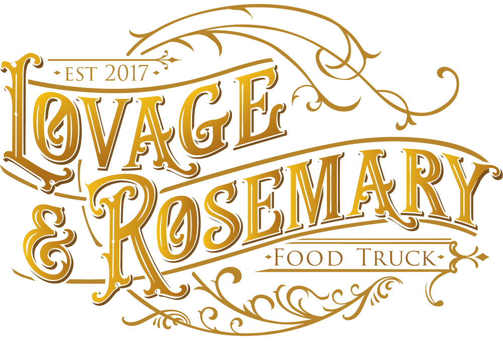 Gold decorative sign reading "Loving & Rosemary Food Truck" with established date 2017.