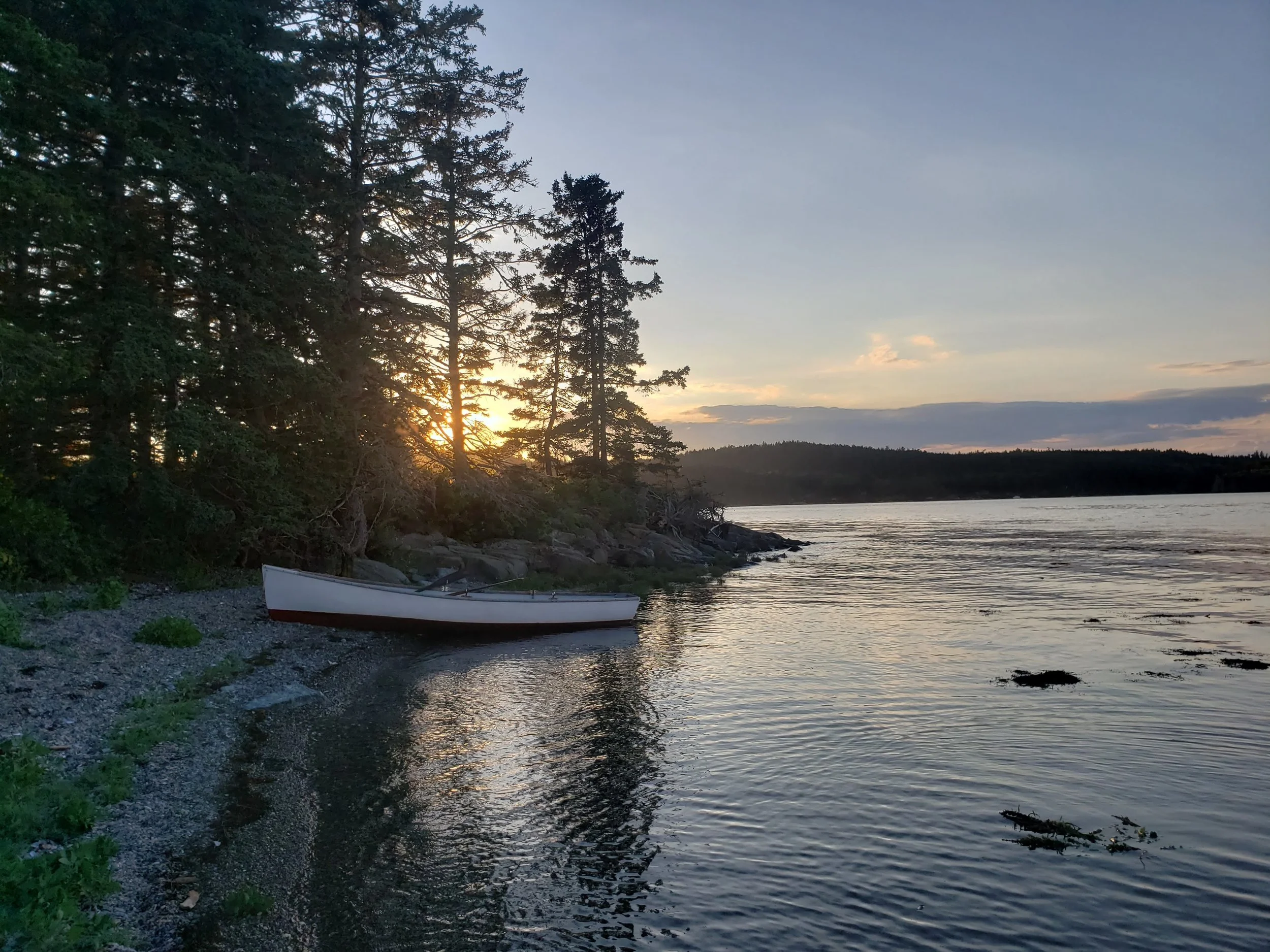A small boat is resting on the pebbly shore of Spectacle Island, near a cluster of tall trees, during sunset with the sky partly cloudy.