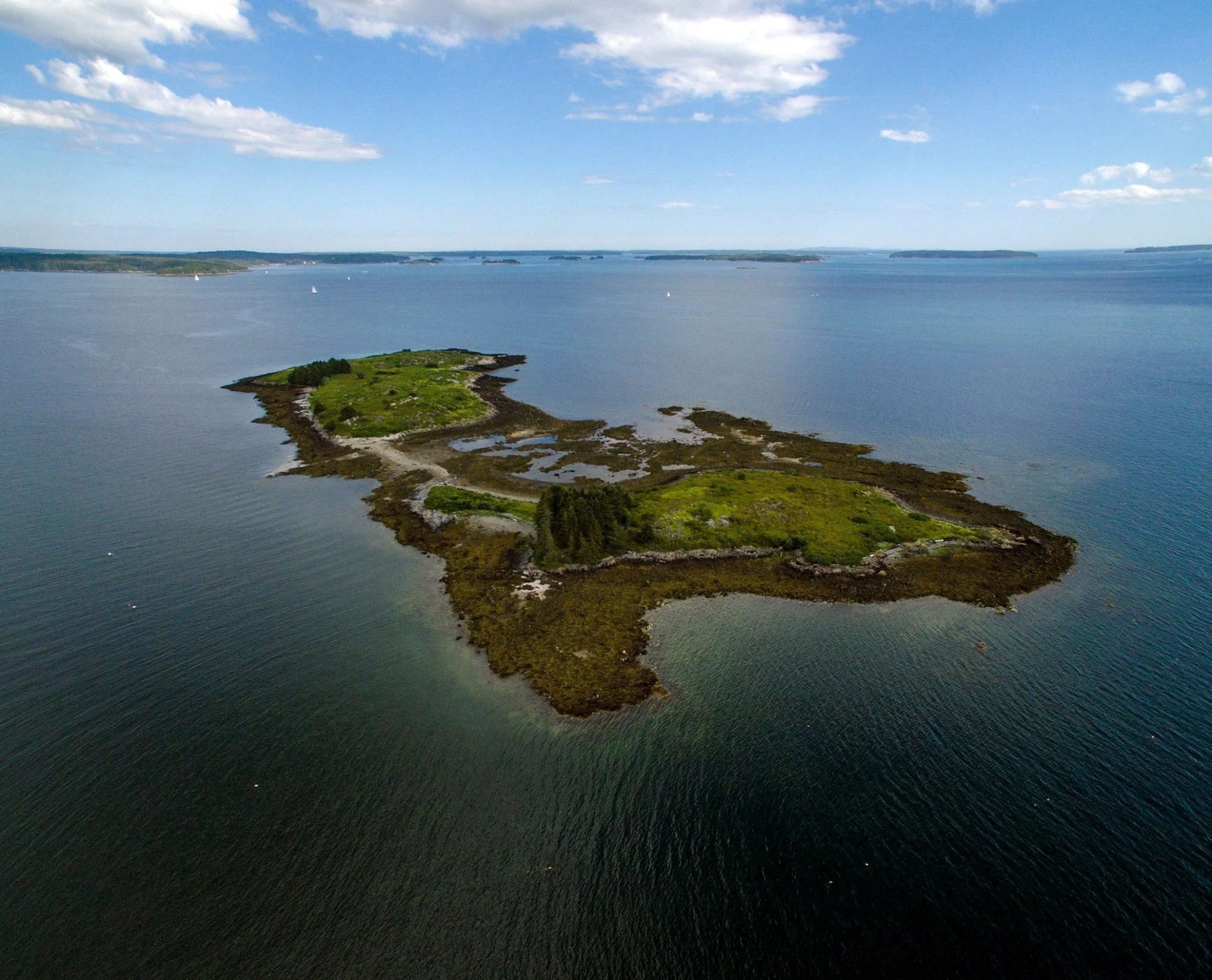 An aerial view of a small island with green vegetation surrounded by water under a blue sky with some clouds.