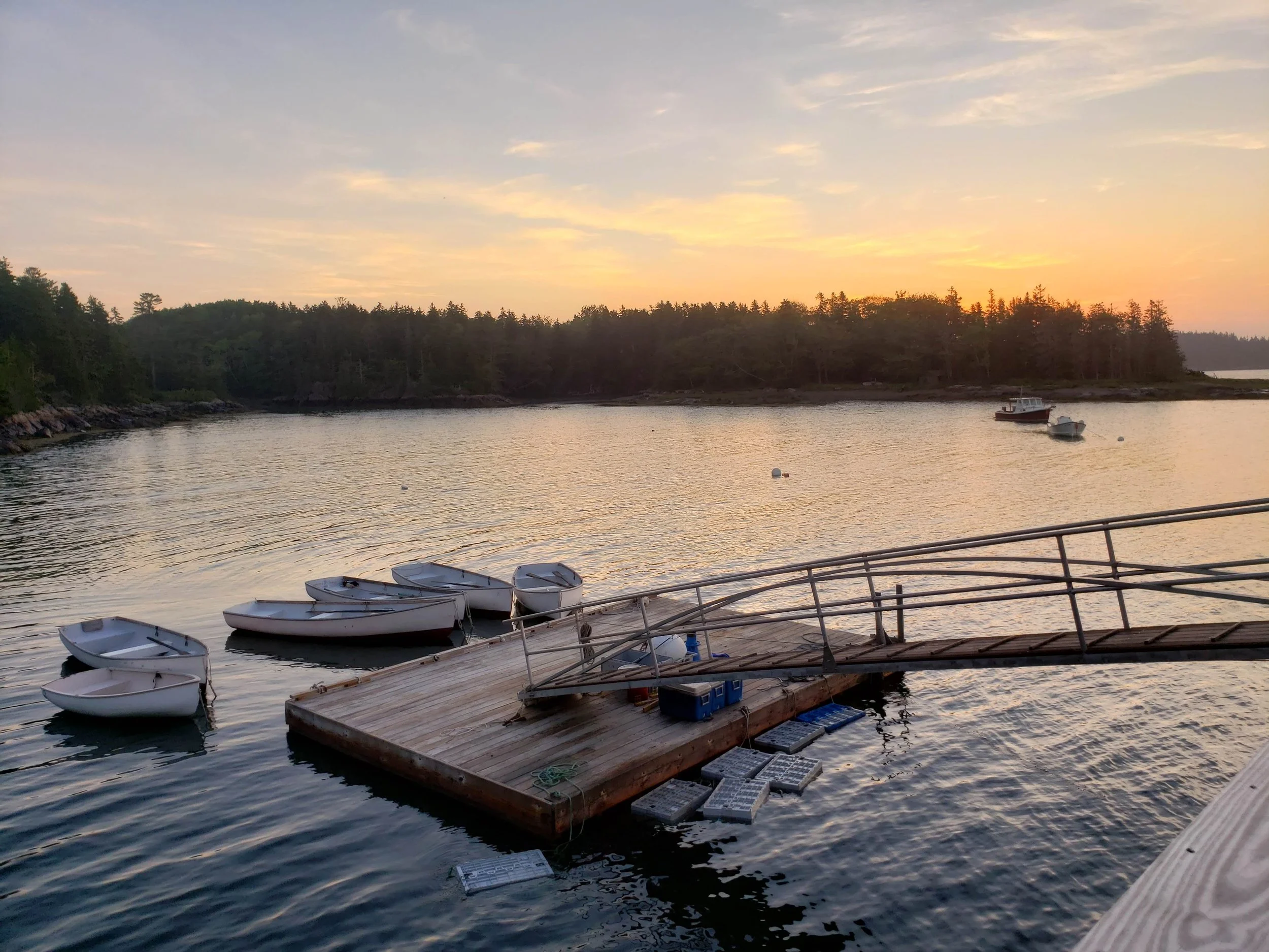 Calm water at sunset with small boats tied to a wooden dock, in a bay surrounded by forested shoreline.