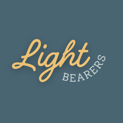 Logo with the words 'Light Bearers' on a blue background, 'Light' in large cursive font and 'Bearers' in smaller uppercase font.