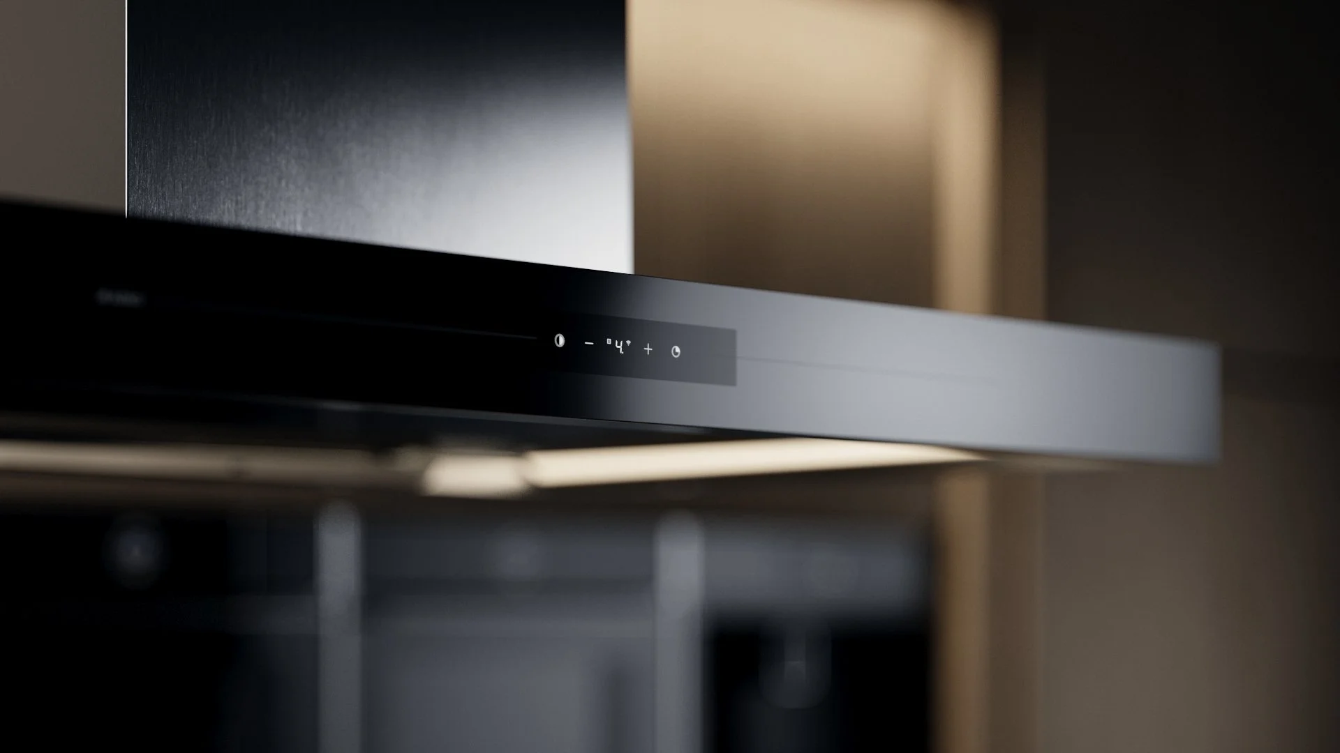 Close-up of a modern black digital kitchen appliance with a digital display and control buttons, mounted on a cabinetry or counter, in a kitchen setting.