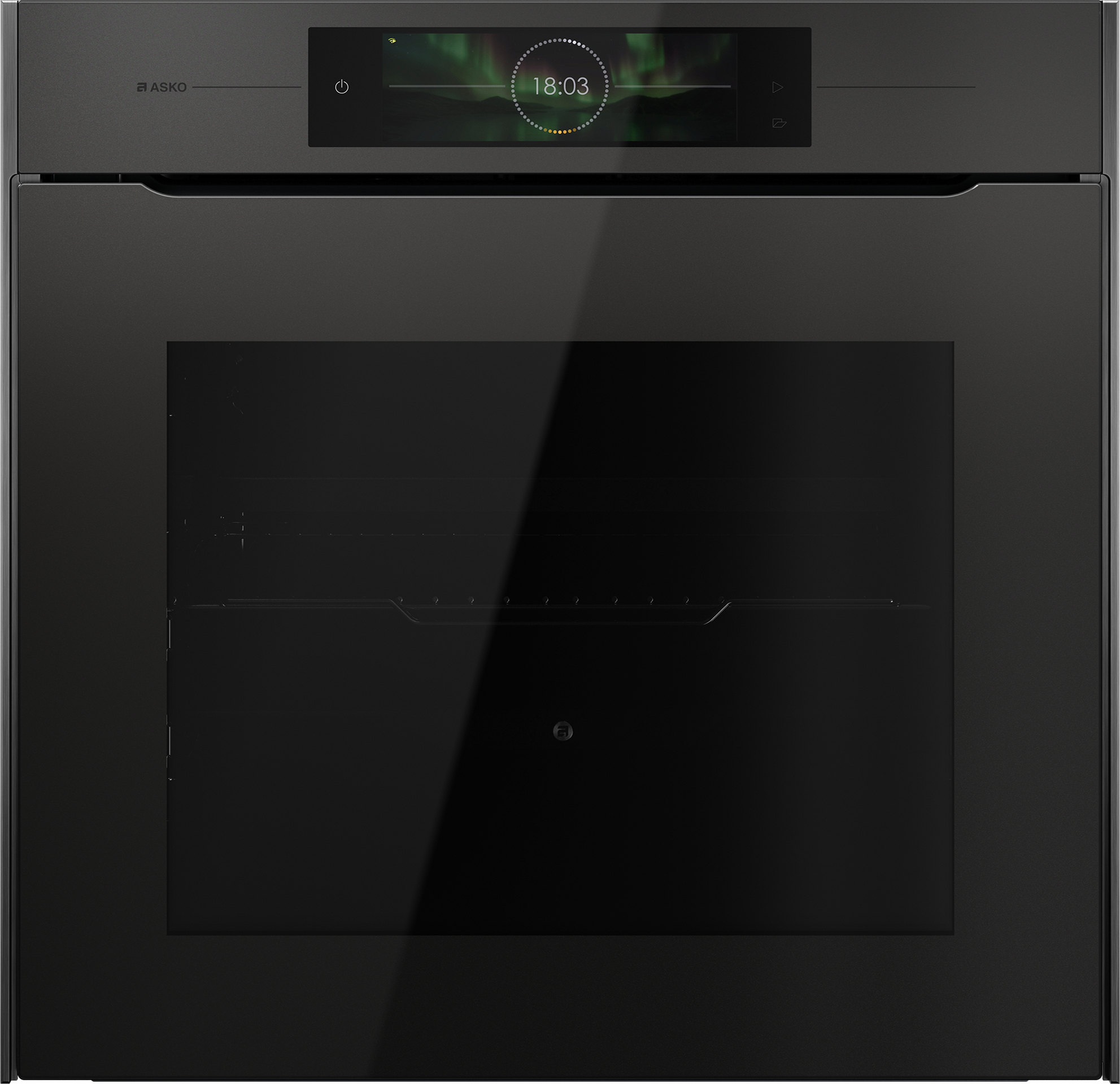 Front view of a black electric oven with a glass door and digital display showing the time 18:03.