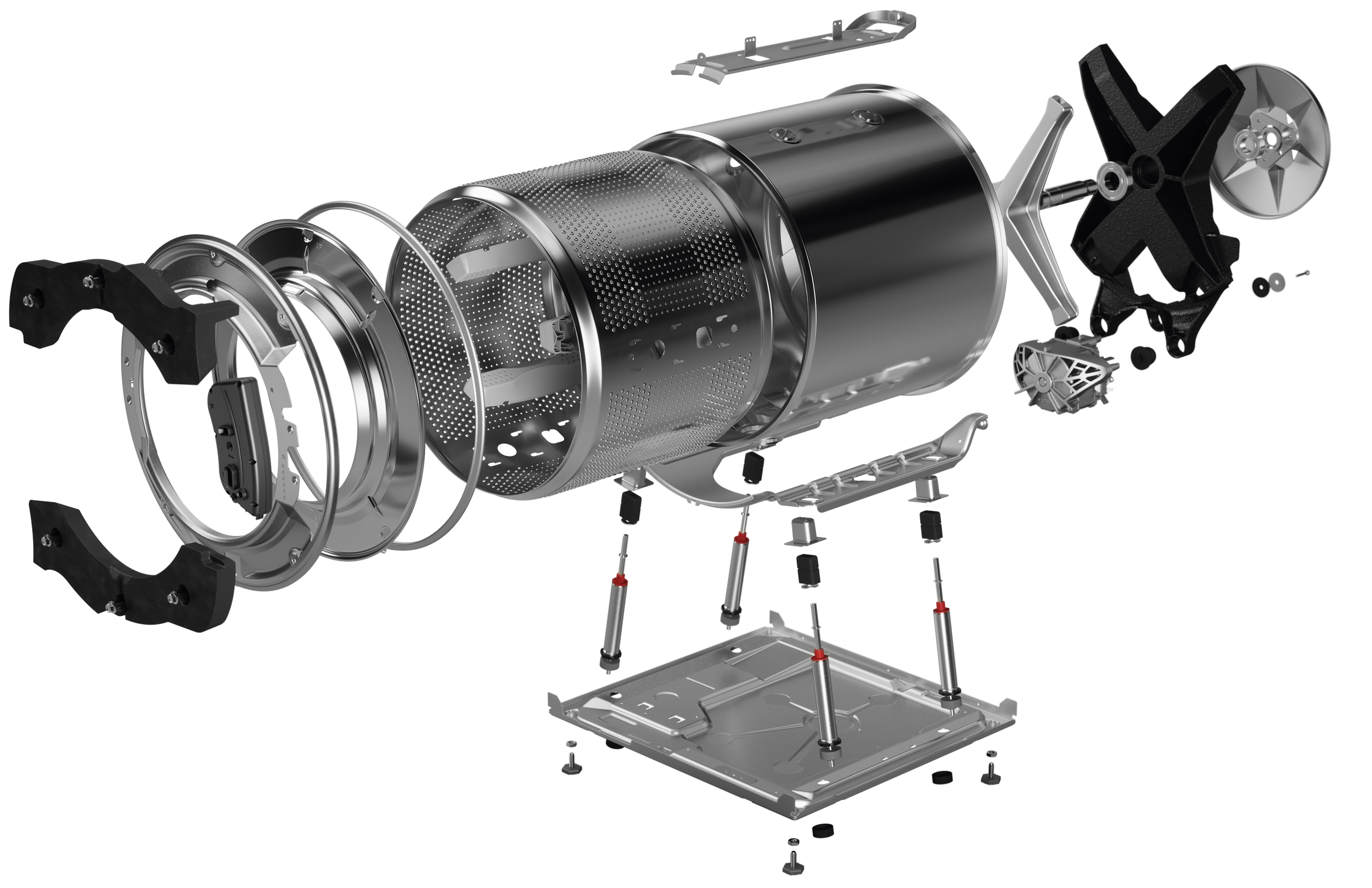 Exploded view of washing machine. Showing inner parts such as motor, drum, suspension.
