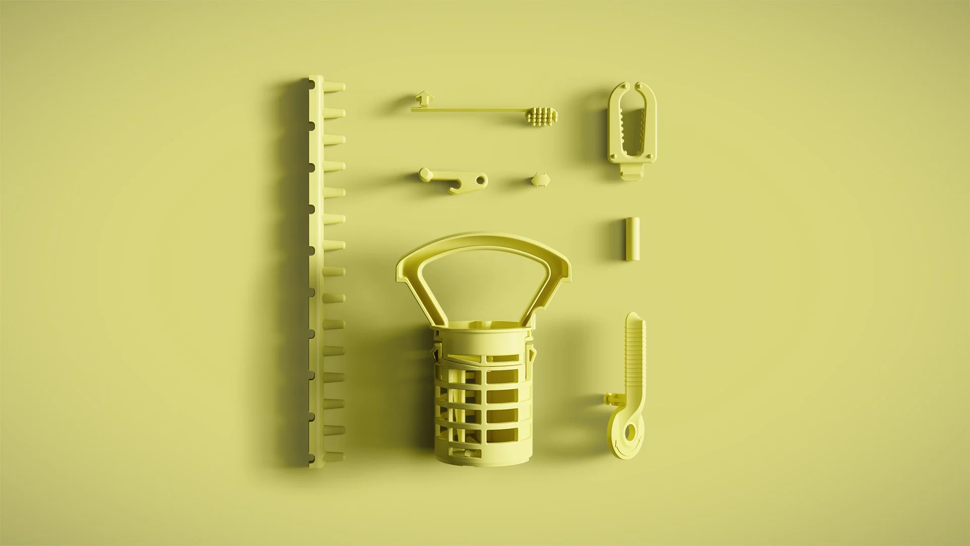Various yellow plastic parts arranged on a yellow background.