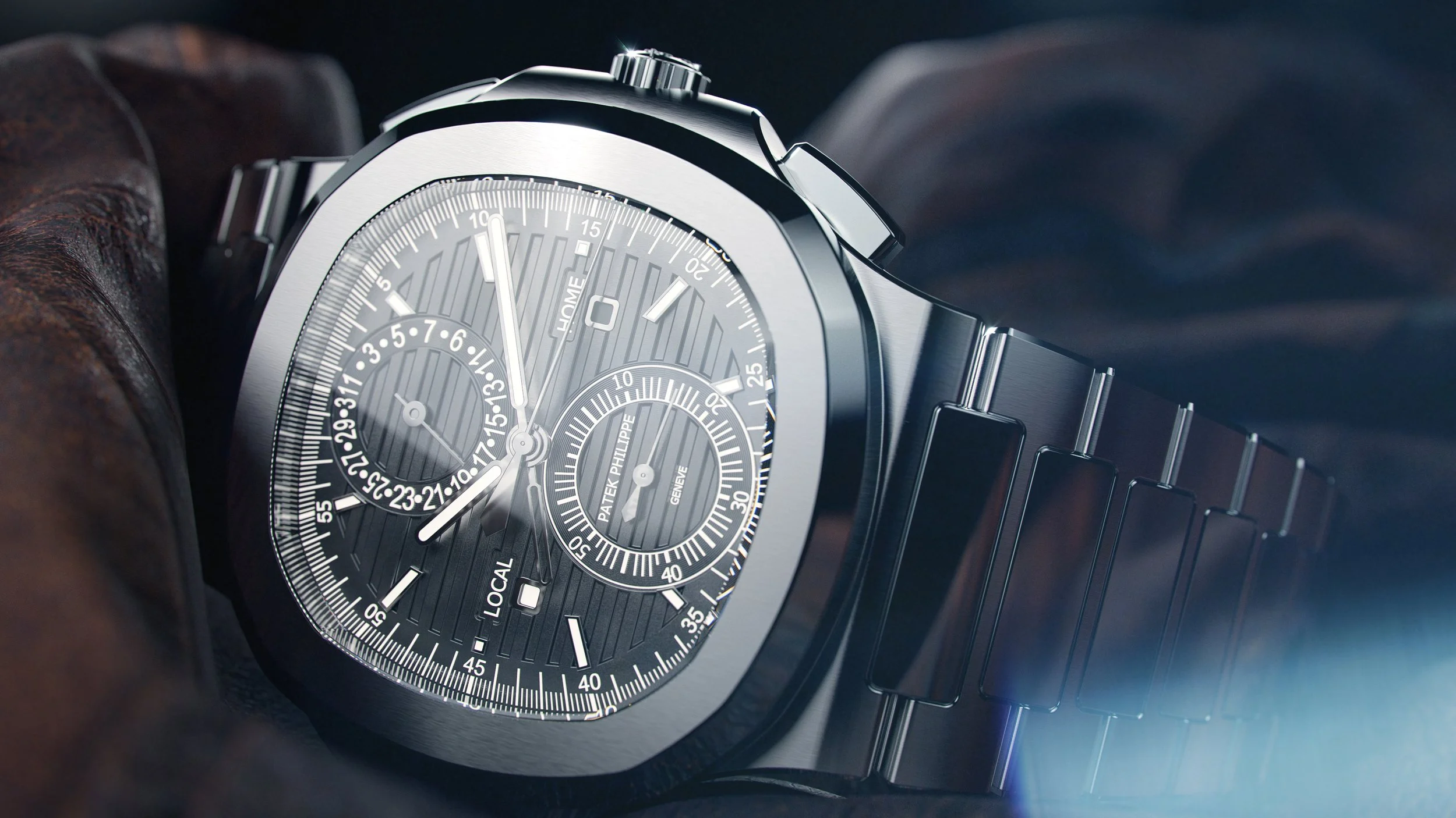 A luxury wristwatch with a black face, silver case, and metal band resting on a dark surface.