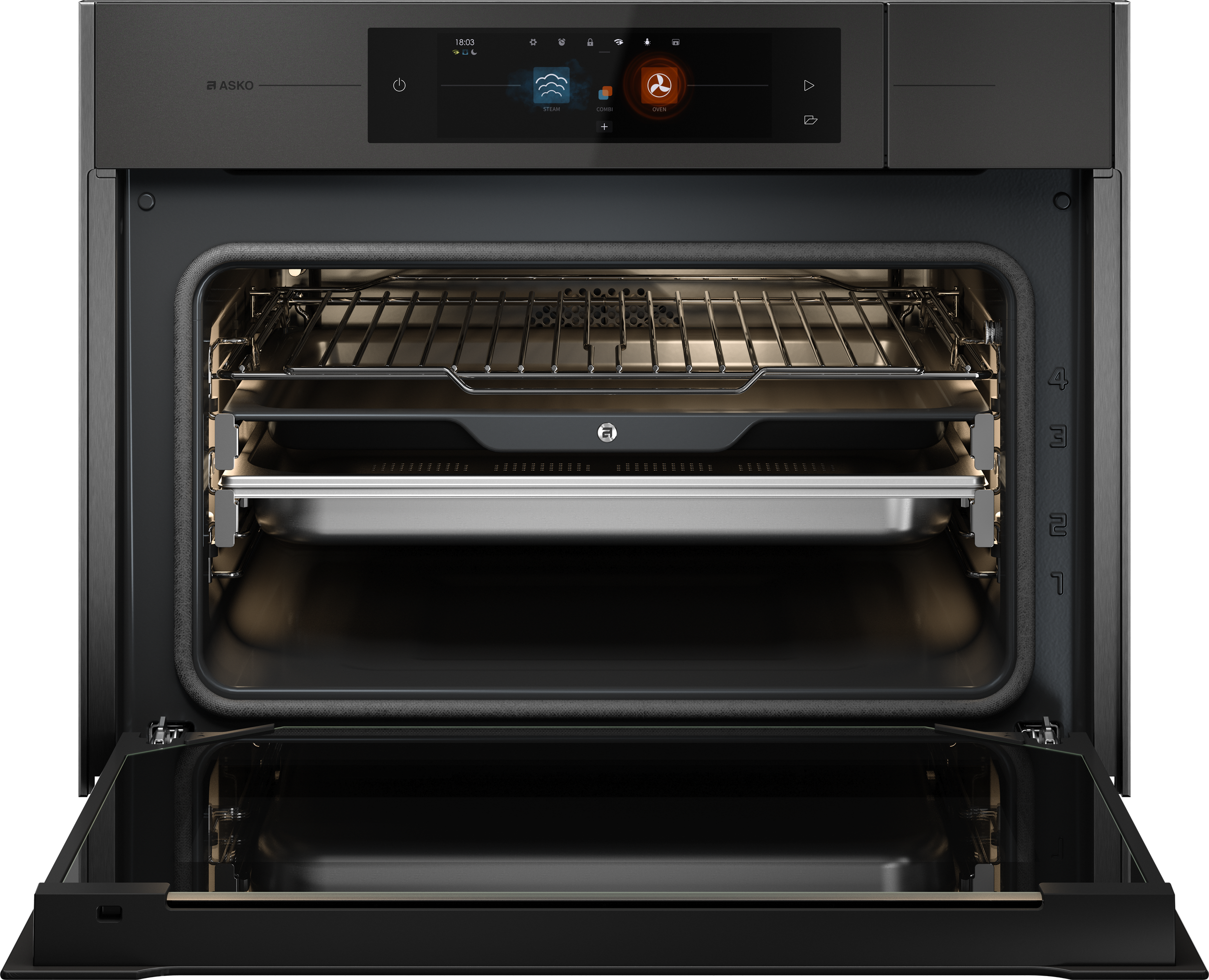 Front view of an open modern black electric oven with a digital control panel on top, showing racks and heating elements inside.