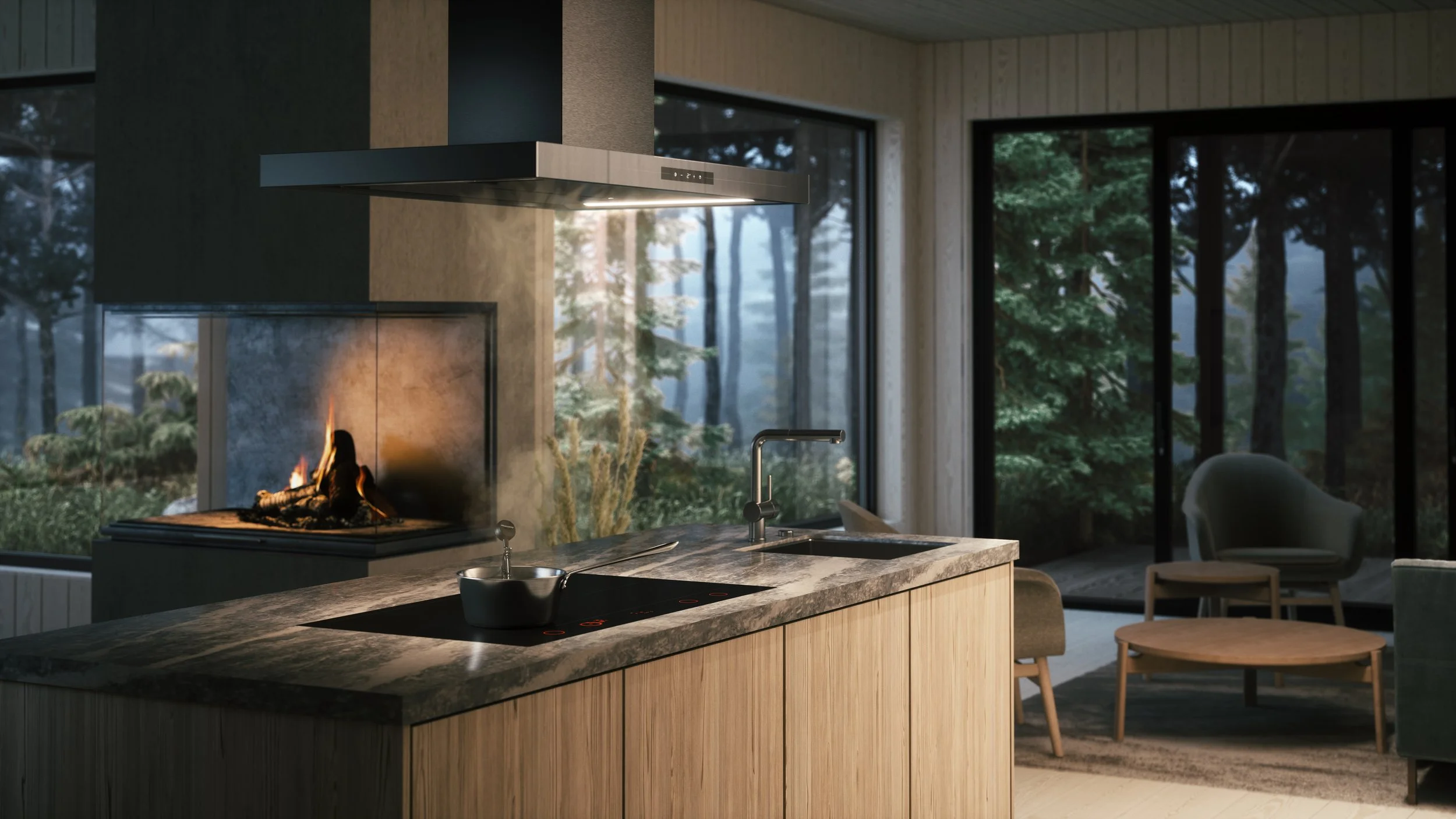 Modern kitchen with island, marble countertop, stainless steel sink, and a chimney hood. Large windows reveal a forest view, and a fireplace with a fire is visible in the background.