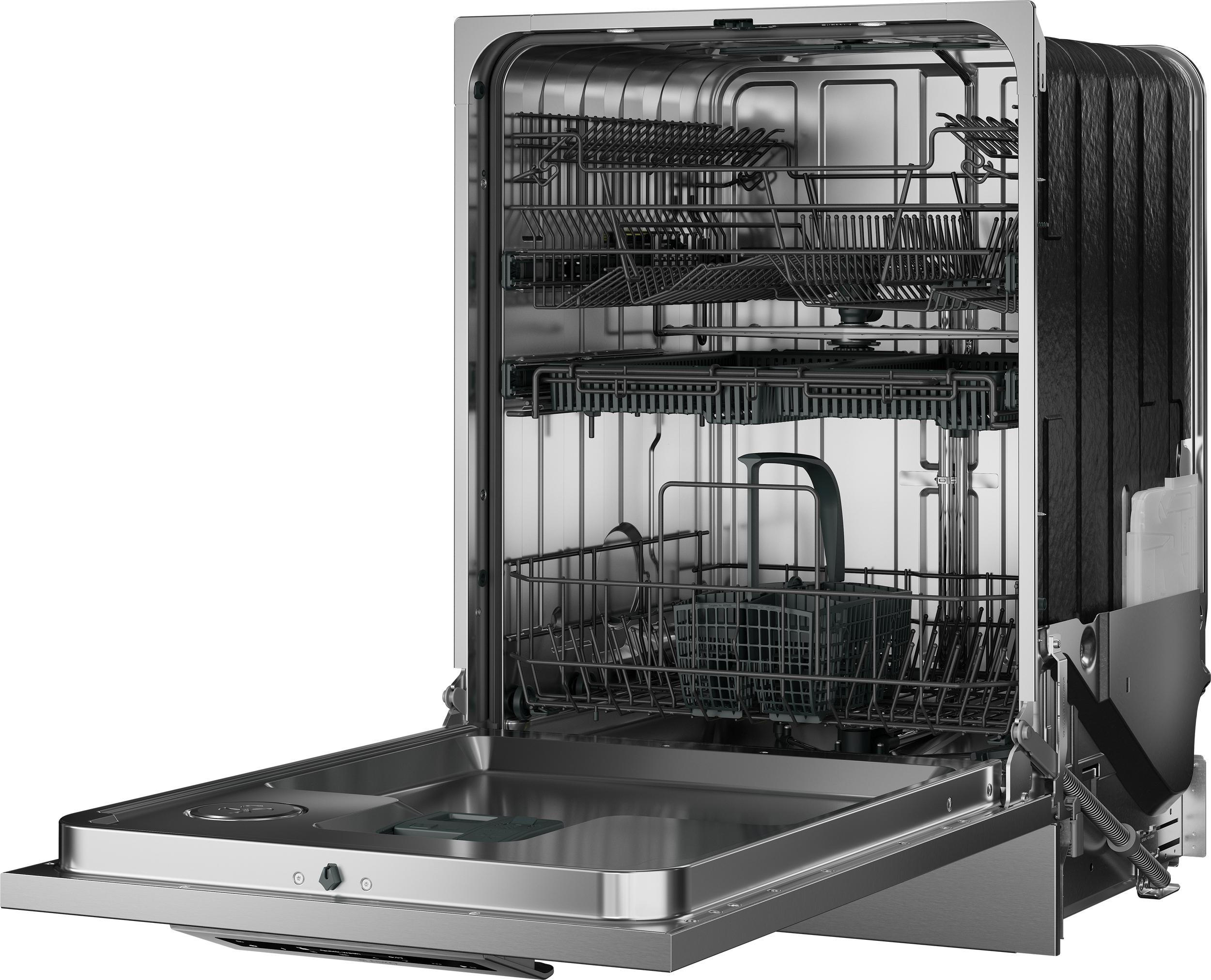 Open stainless steel dishwasher with empty racks and a removable cutlery basket inside.