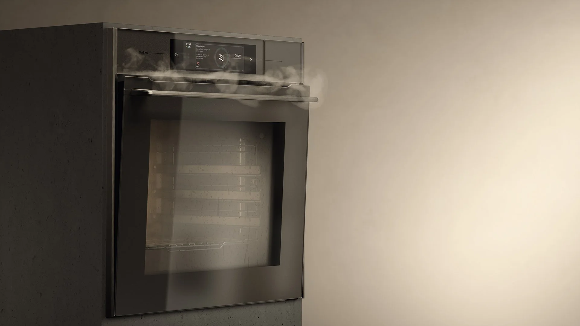 A stainless steel oven with a glass door and digital control panel, emitting steam inside.