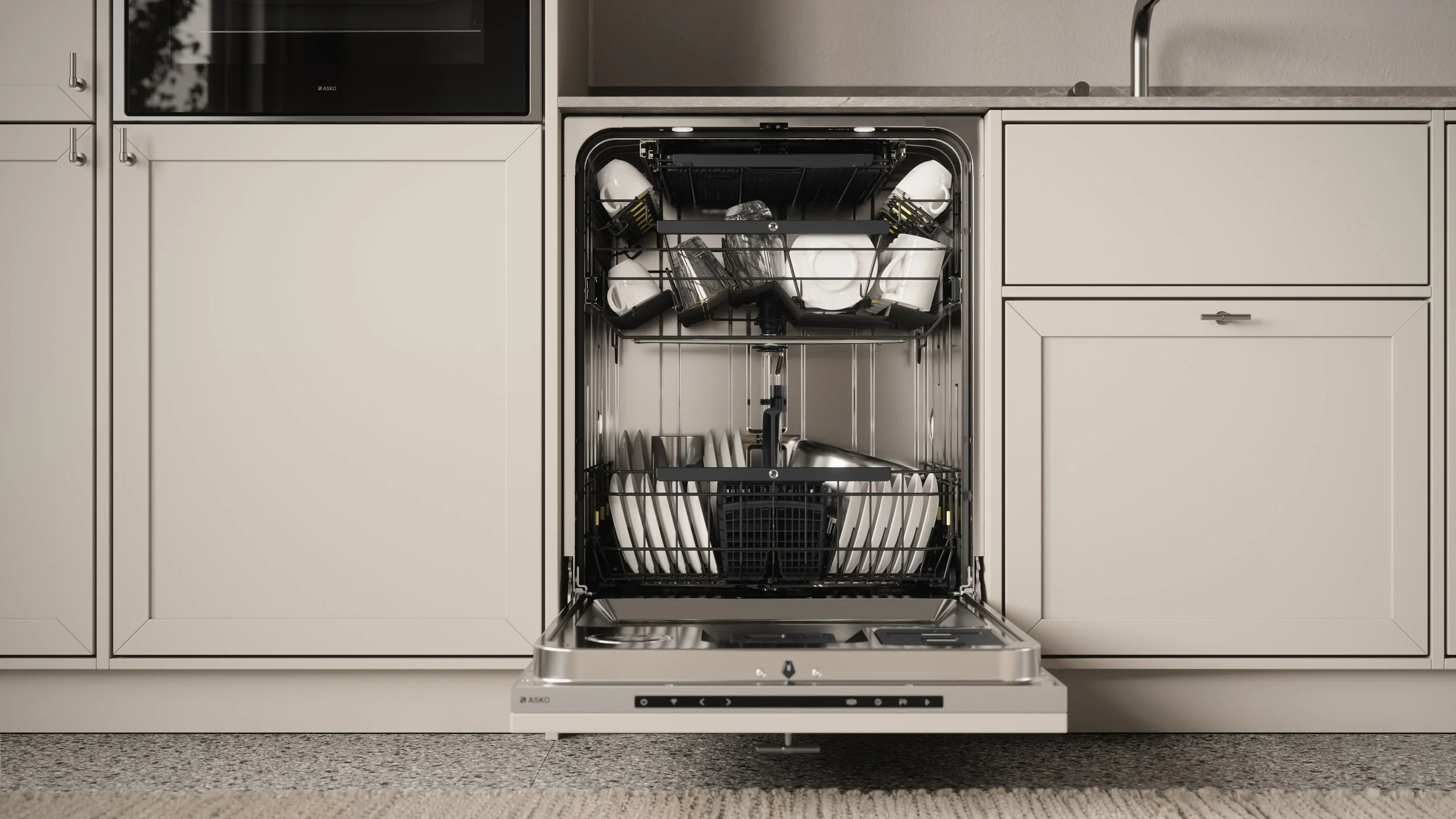 Open dishwasher filled with dishes in a modern kitchen.