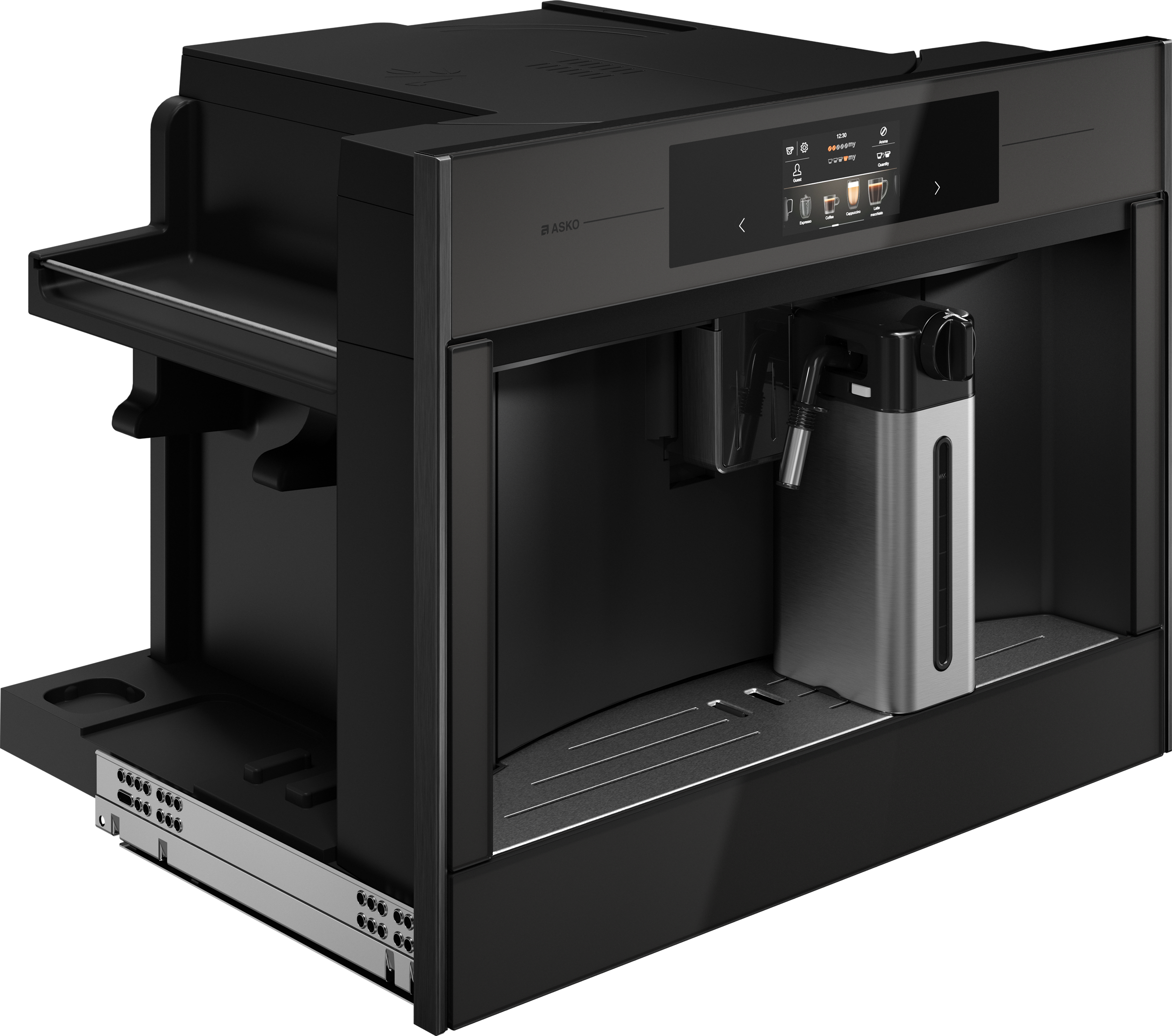 Black coffee machine with digital display and water container, featuring a tray for cups and accessories.