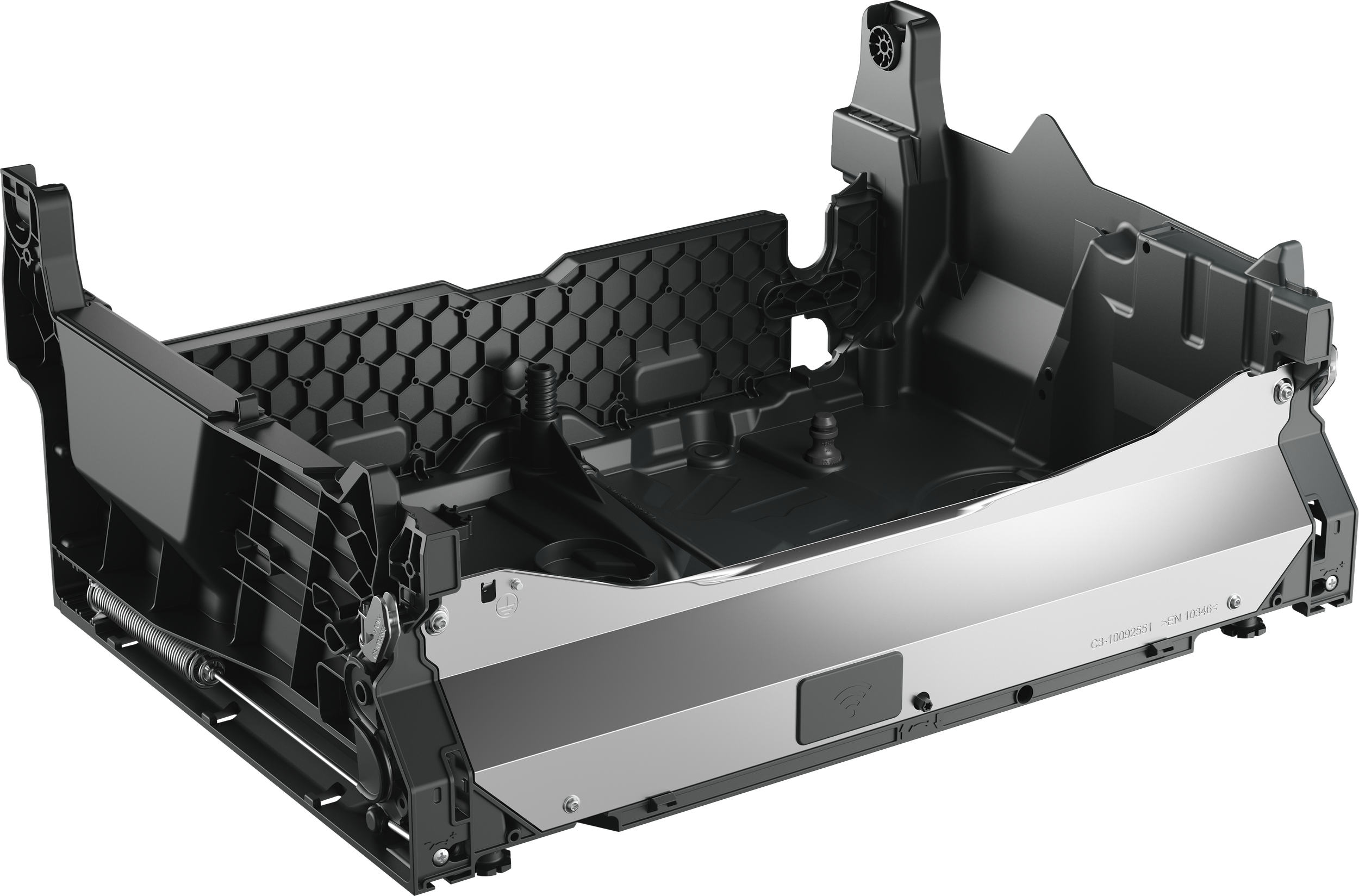 A close-up view of an open electronic device, looks like a gaming console or a computer component, with internal parts visible such as the metal casing, screws, and a Wi-Fi symbol.