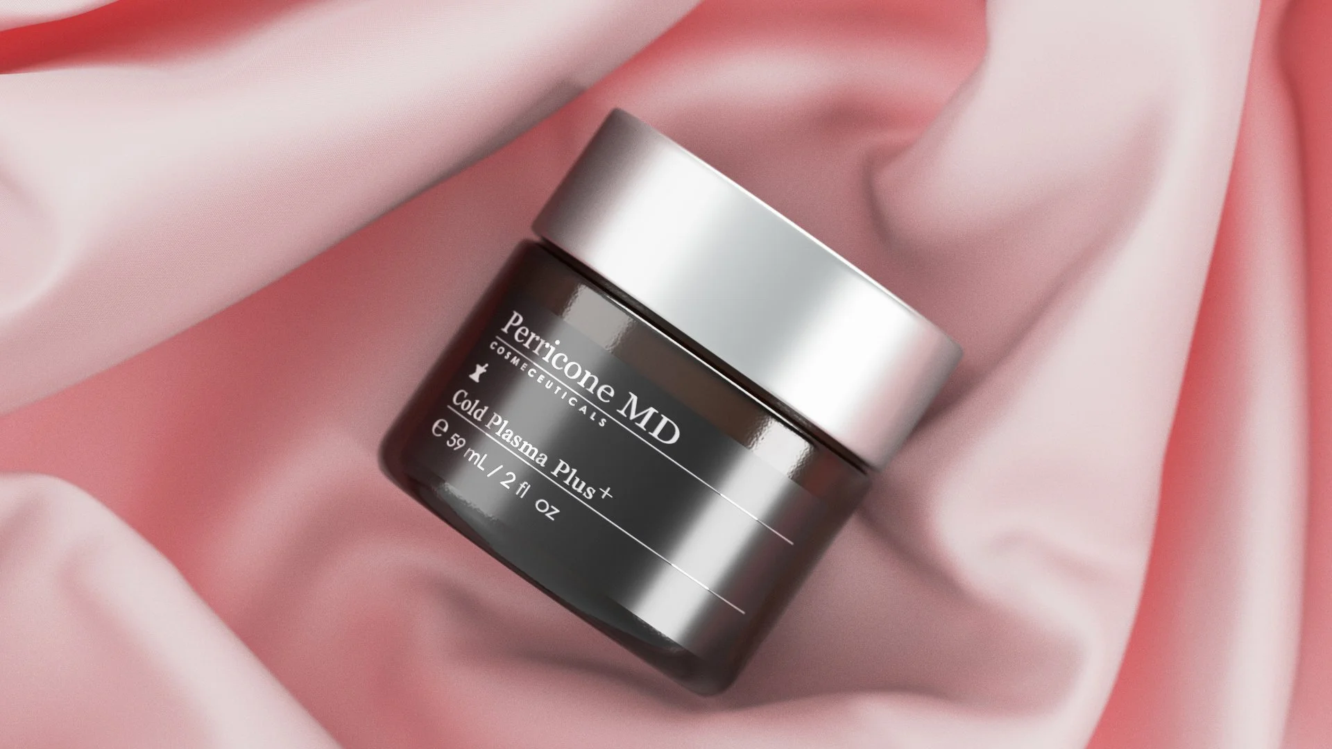 A small brown jar labeled Perricone MD Cosmeceuticals, with the product name Cold Plasma Plus+, resting on pink satin fabric.