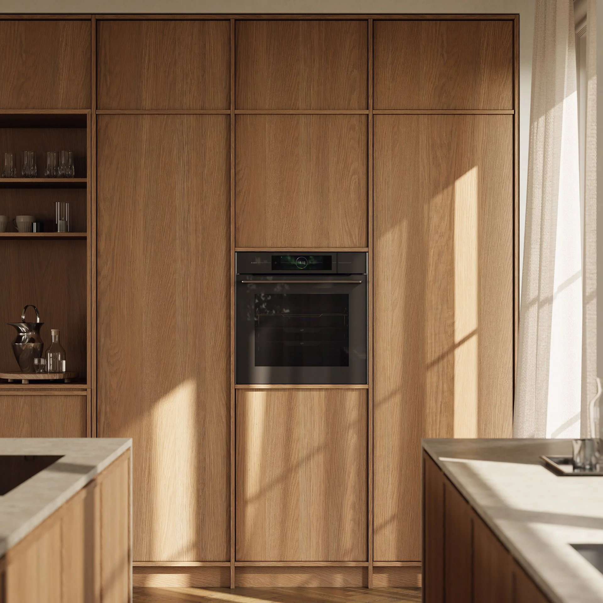 Wood-paneled kitchen wall with built-in black oven, flanked by open shelves on the left with glassware and cups, and beige curtains on the right with sunlight streaming in.