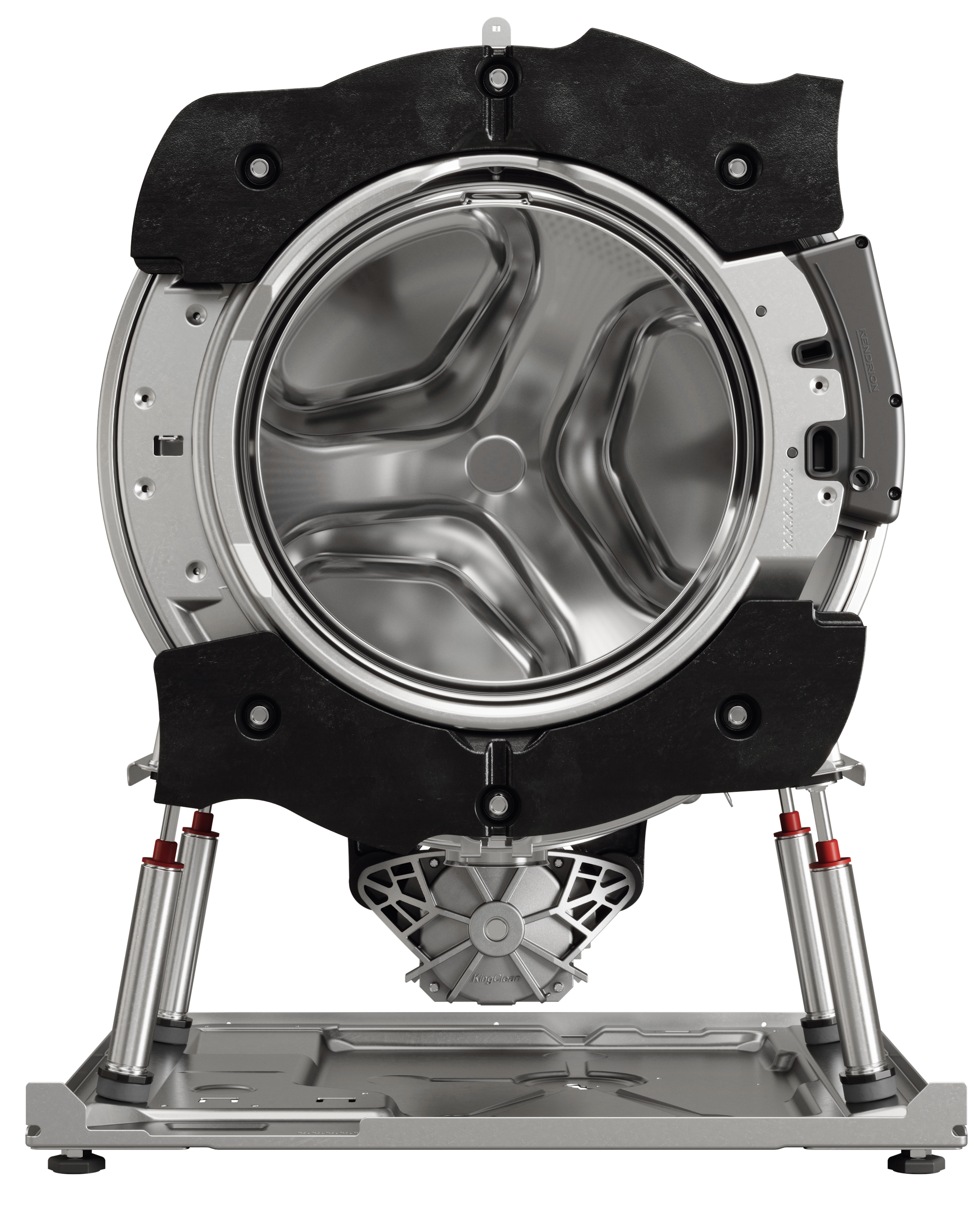 Close-up of an internal drum and motor assembly of a front-loading washing machine, with a metallic drum, black plastic components, and metal support legs.