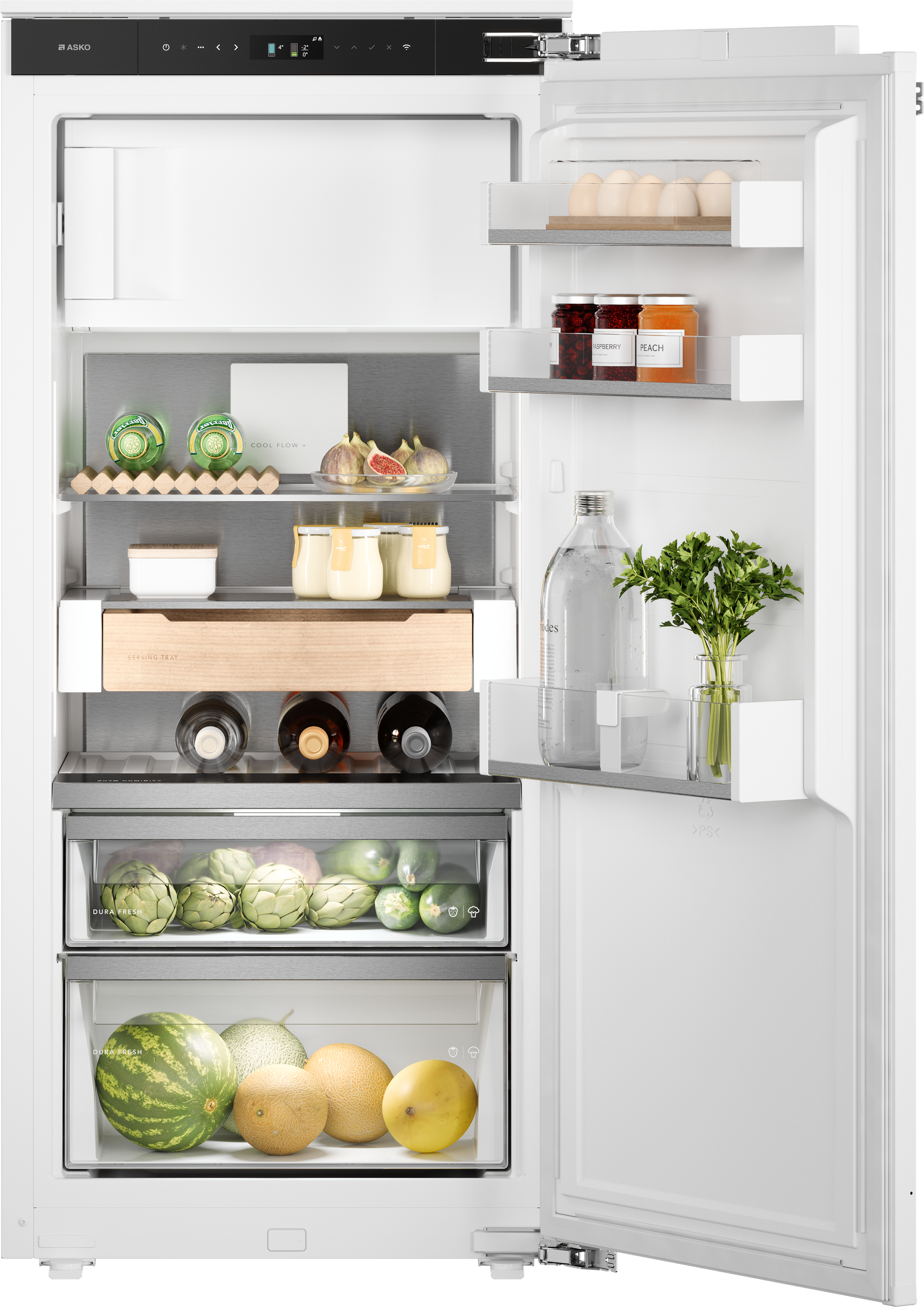 Open refrigerator with eggs, yogurt bottles, figs, berries, bottled water, fresh herbs, artichokes, melons, and other fruits and vegetables visible.