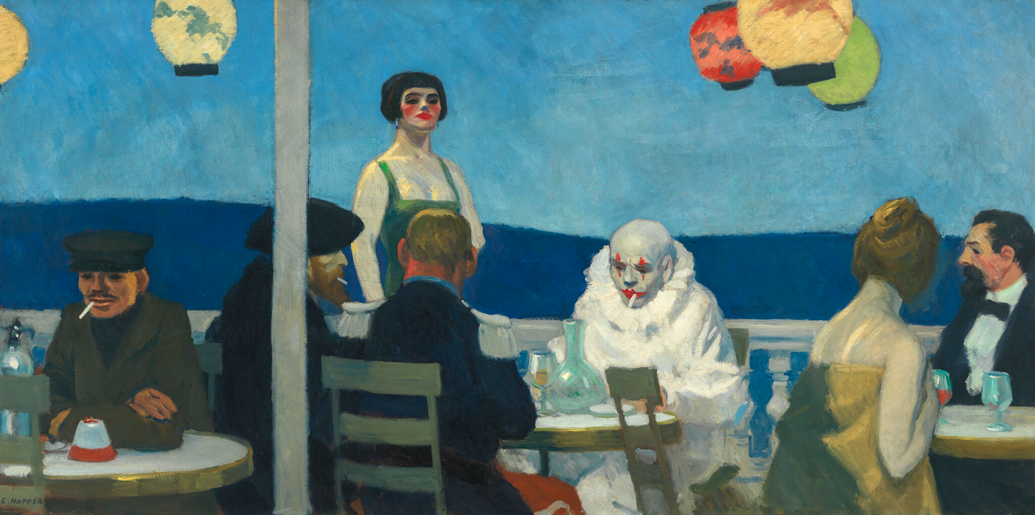 An oil painting of a group of people sitting at tables in a restaurant at night, with a clown with makeup and a cigarette sitting among them, and a woman in a green dress standing behind the group. Lanterns hang above, and the scene has a mix of casual and surreal elements.